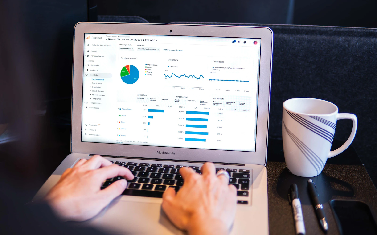 Business dashboard on a laptop used to track AI search visibility