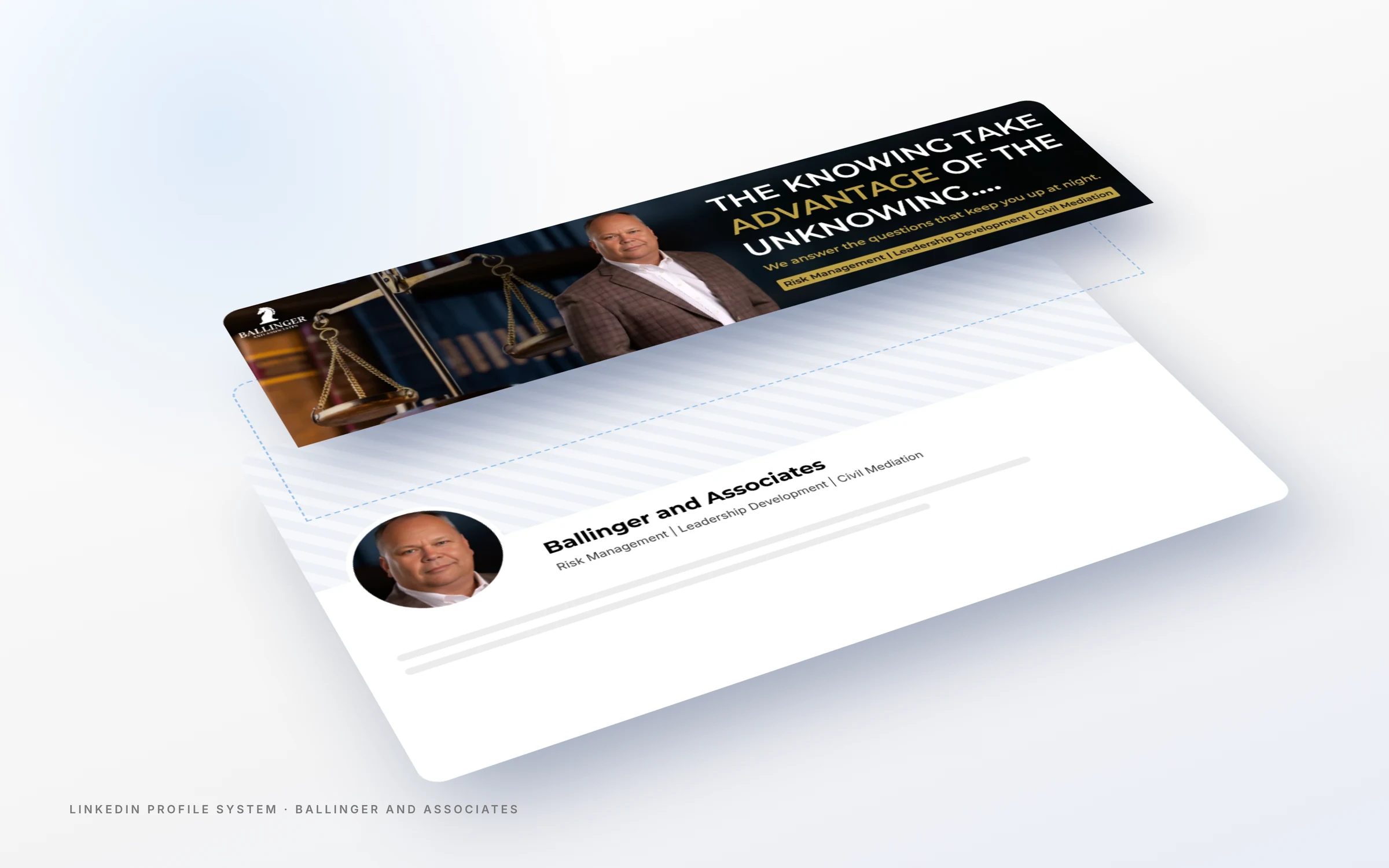 Layered view of the risk consultant LinkedIn branding for Ballinger and Associates showing banner, photo and headline