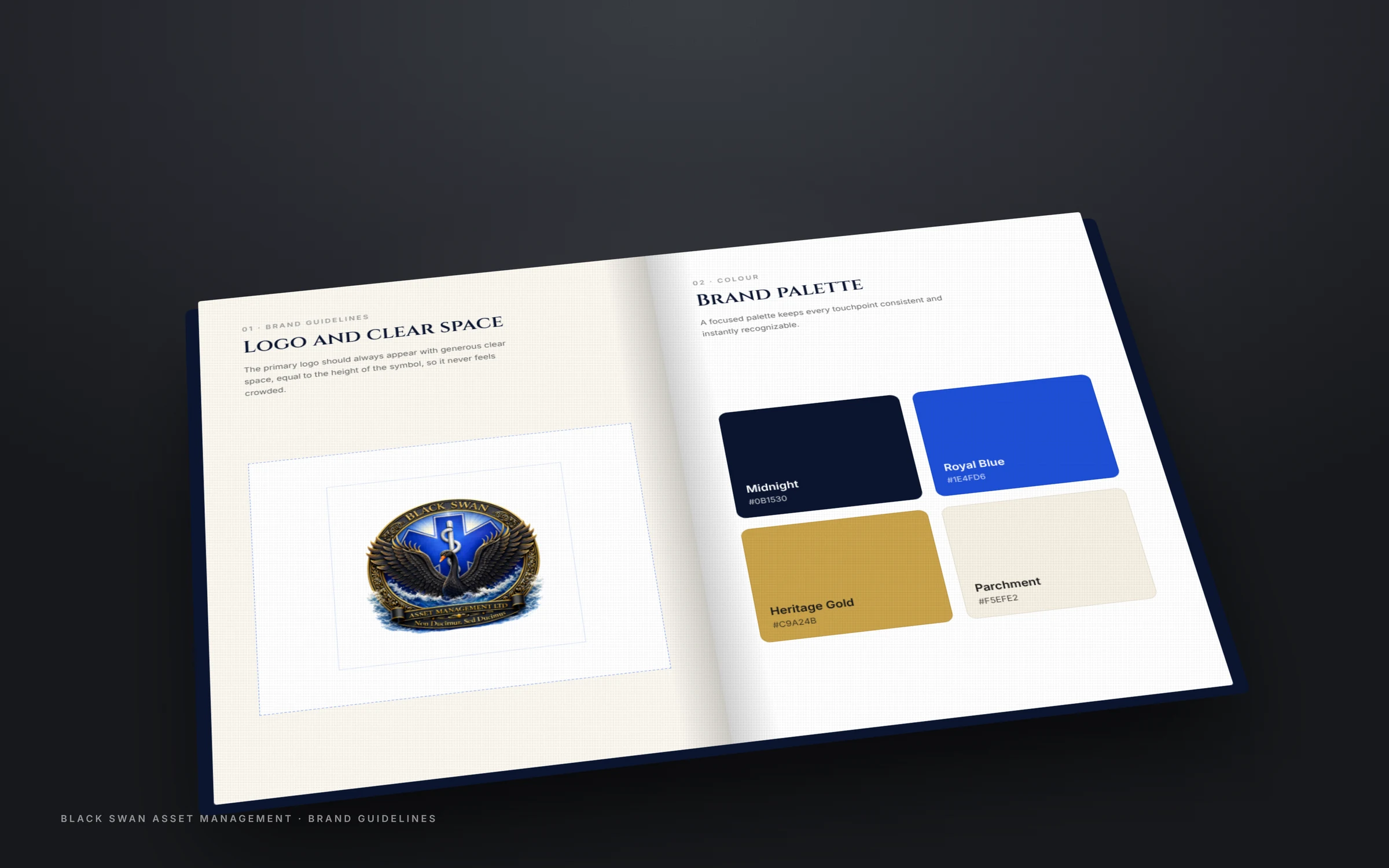 Brand guidelines book for Black Swan Asset Management showing cover and colour palette