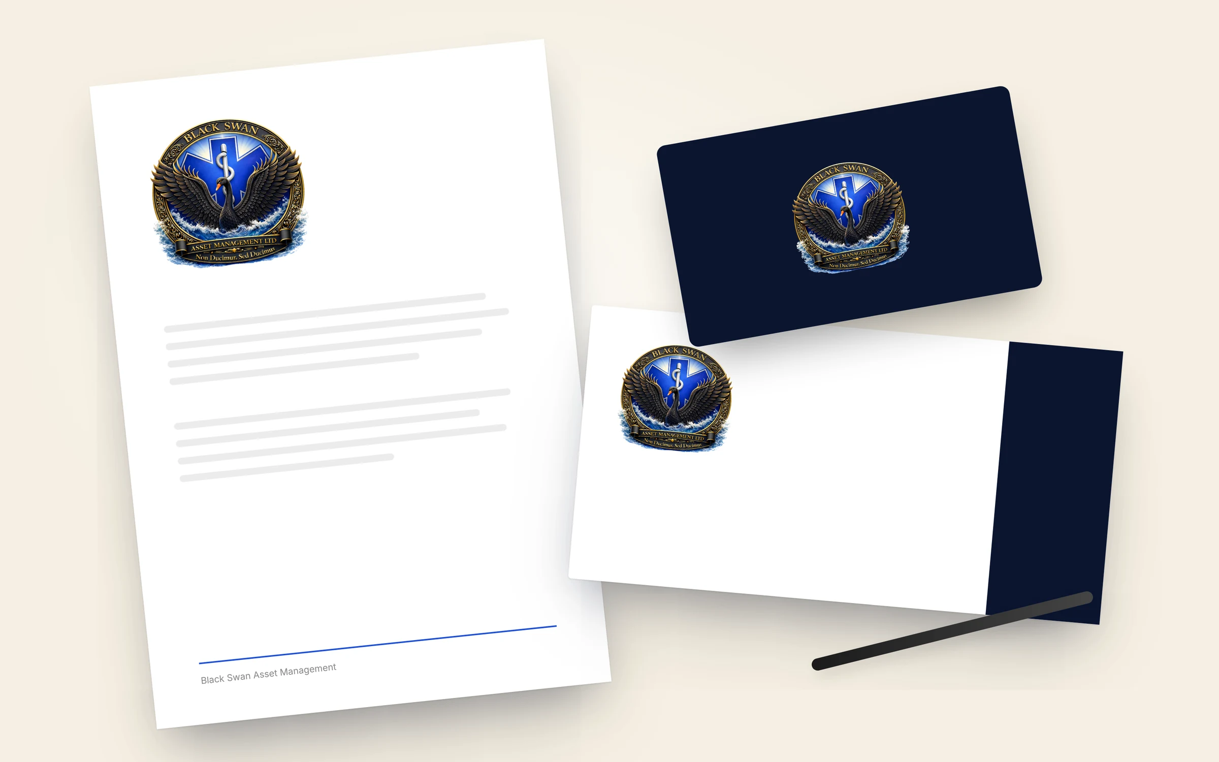 Stationery set for Black Swan Asset Management with letterhead, envelope and business cards