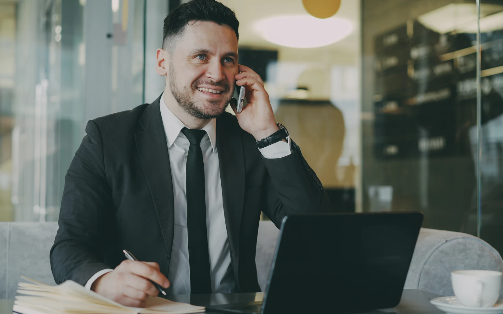 Business owner talking through his brand message on a call