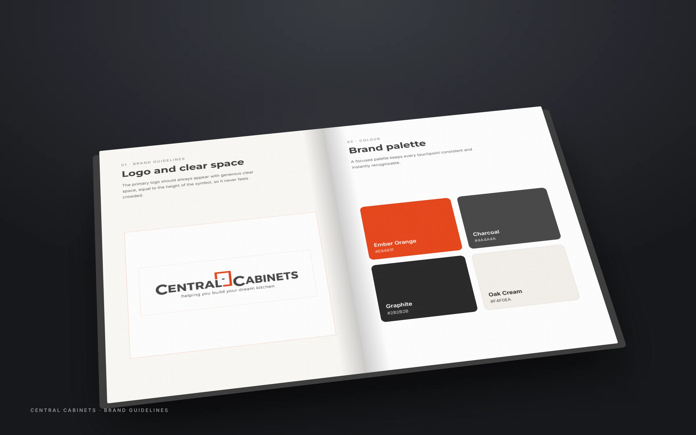 Brand guidelines book for Central Cabinets showing cover and colour palette
