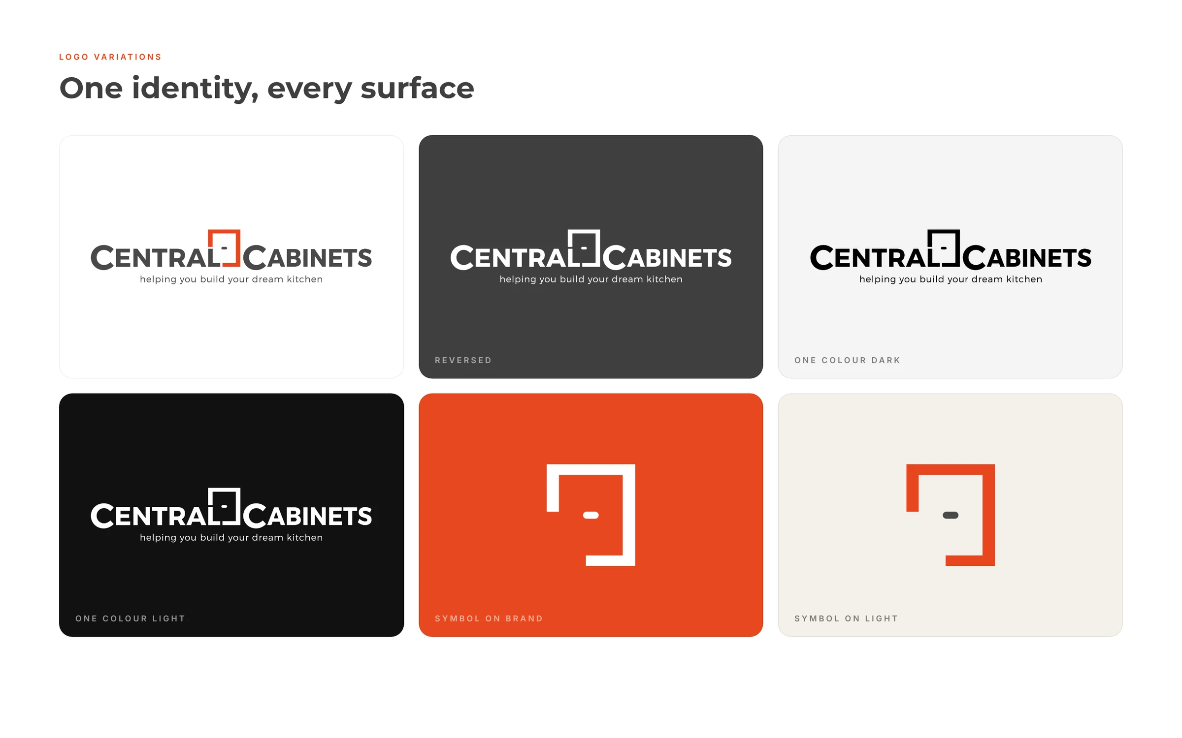 Central Cabinets logo symbol on light, dark and accent backgrounds