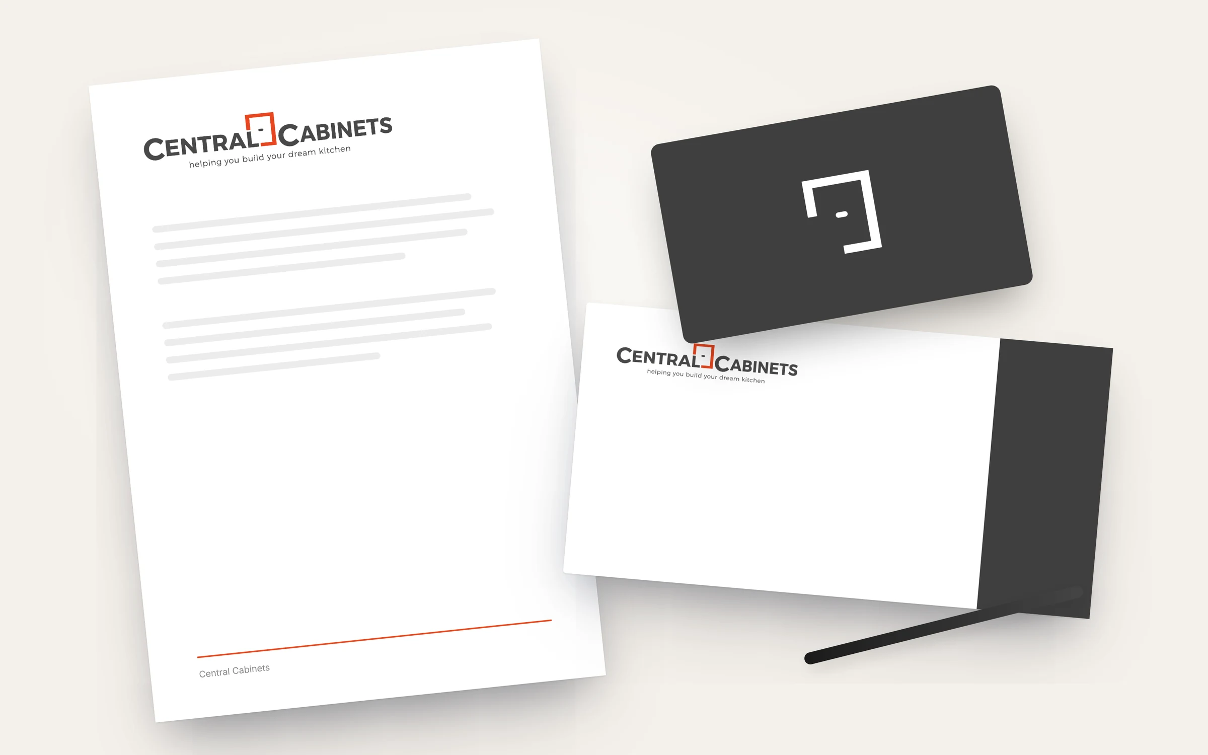 Stationery set for Central Cabinets with letterhead, envelope and business cards