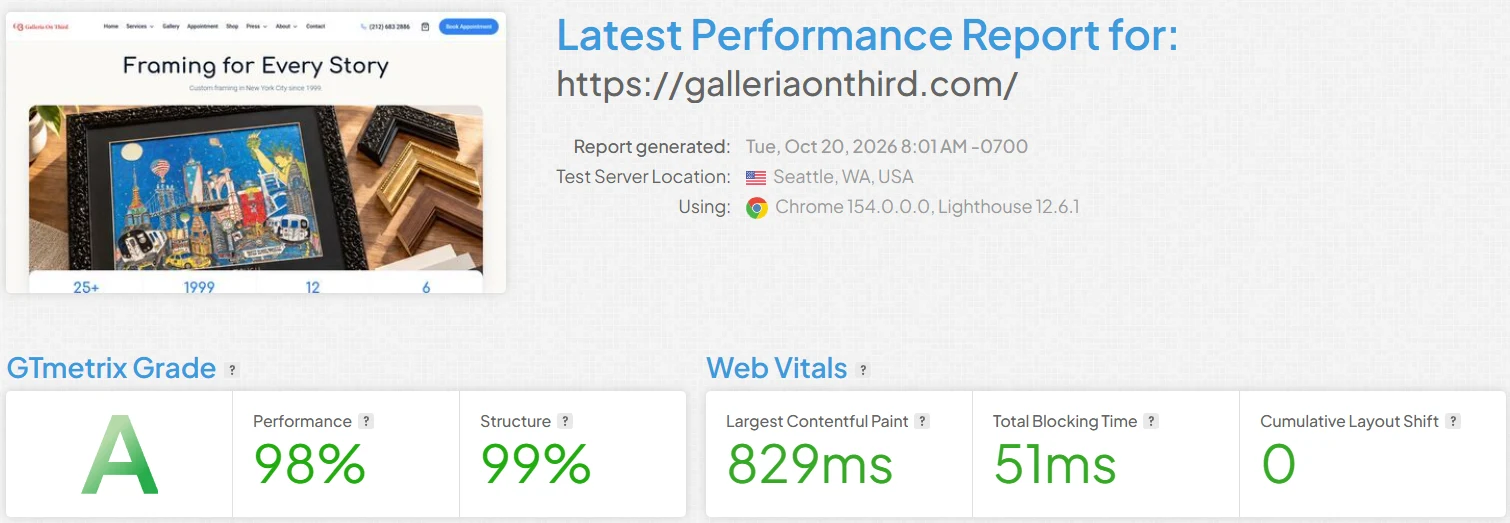 GTmetrix Grade A report for the Galleria On Third frame shop website