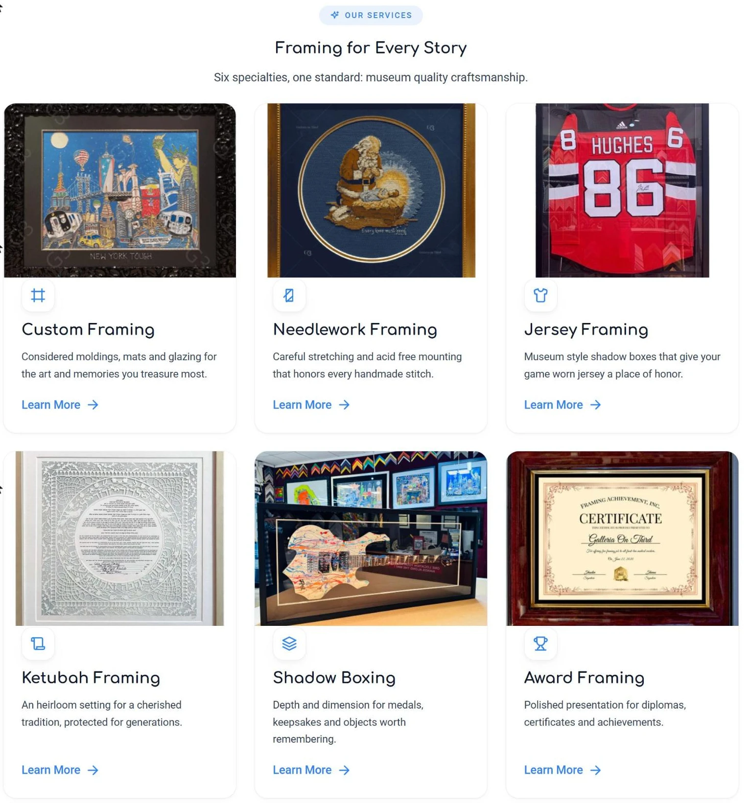 Galleria On Third framing services section with six specialties