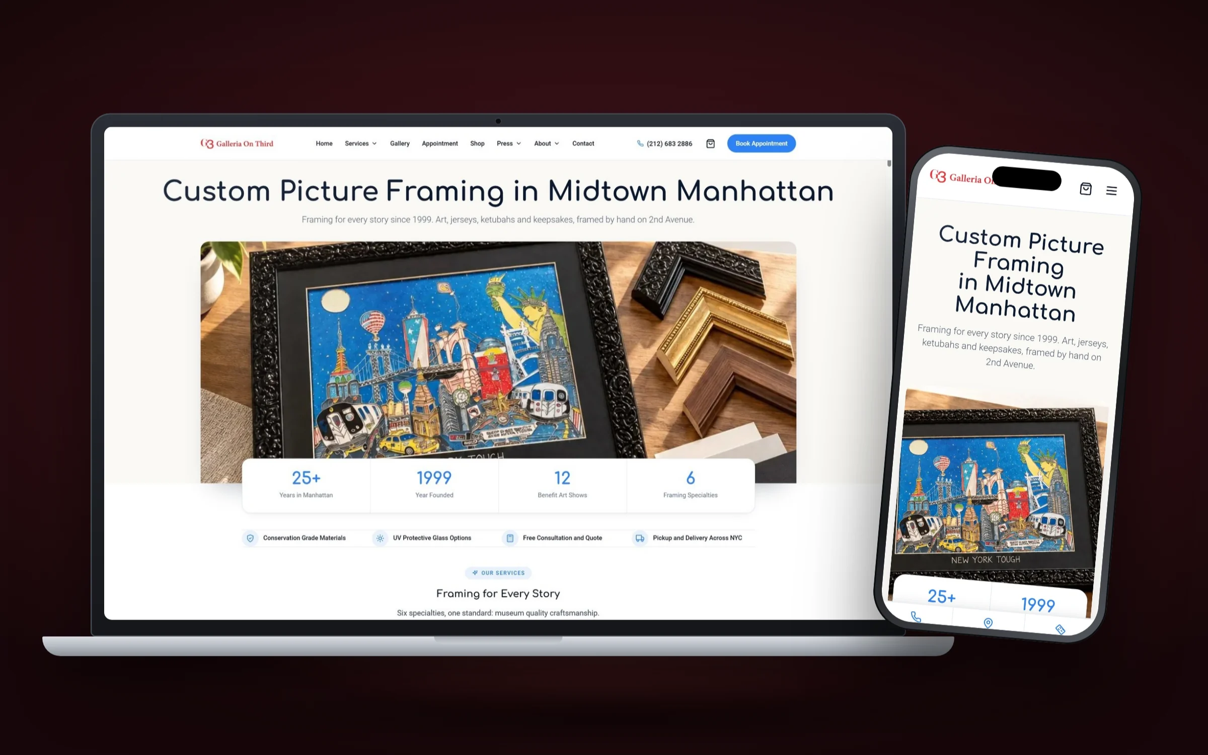 Local business website design for Galleria On Third frame shop in New York