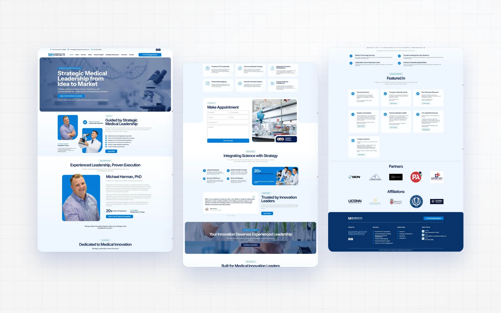 Full homepage layout of the MedTech consultant website design, split into three columns