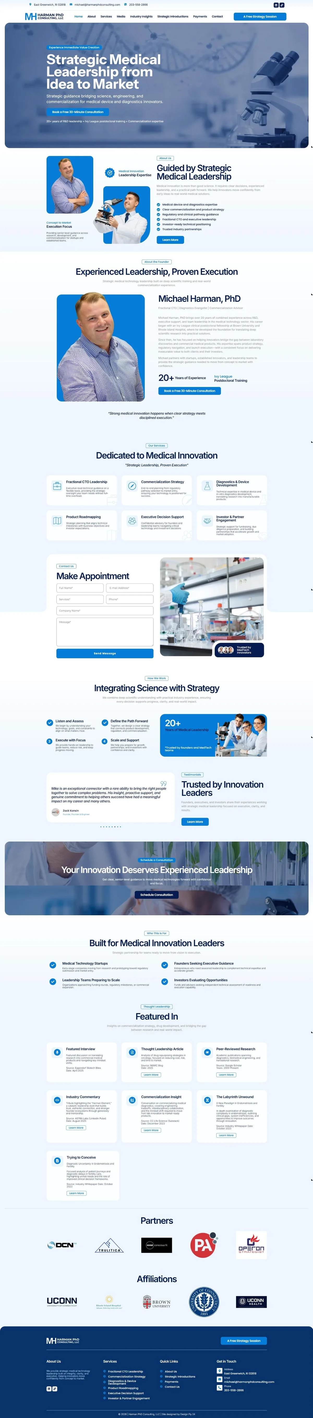 Full homepage of the MedTech consultant website design for Harman PhD Consulting