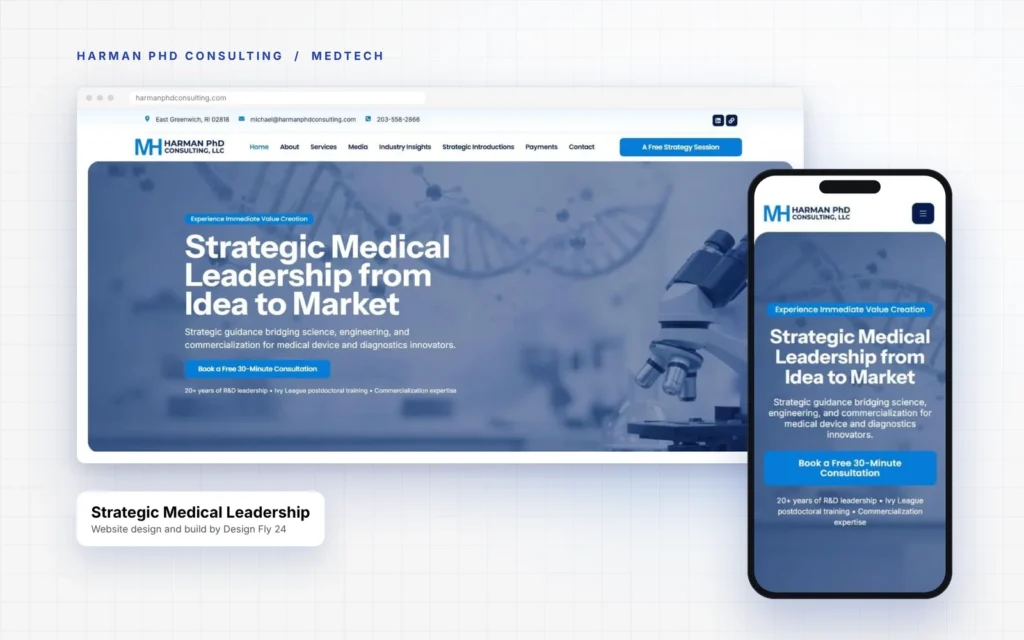 MedTech consultant website design for Harman PhD Consulting on desktop and mobile