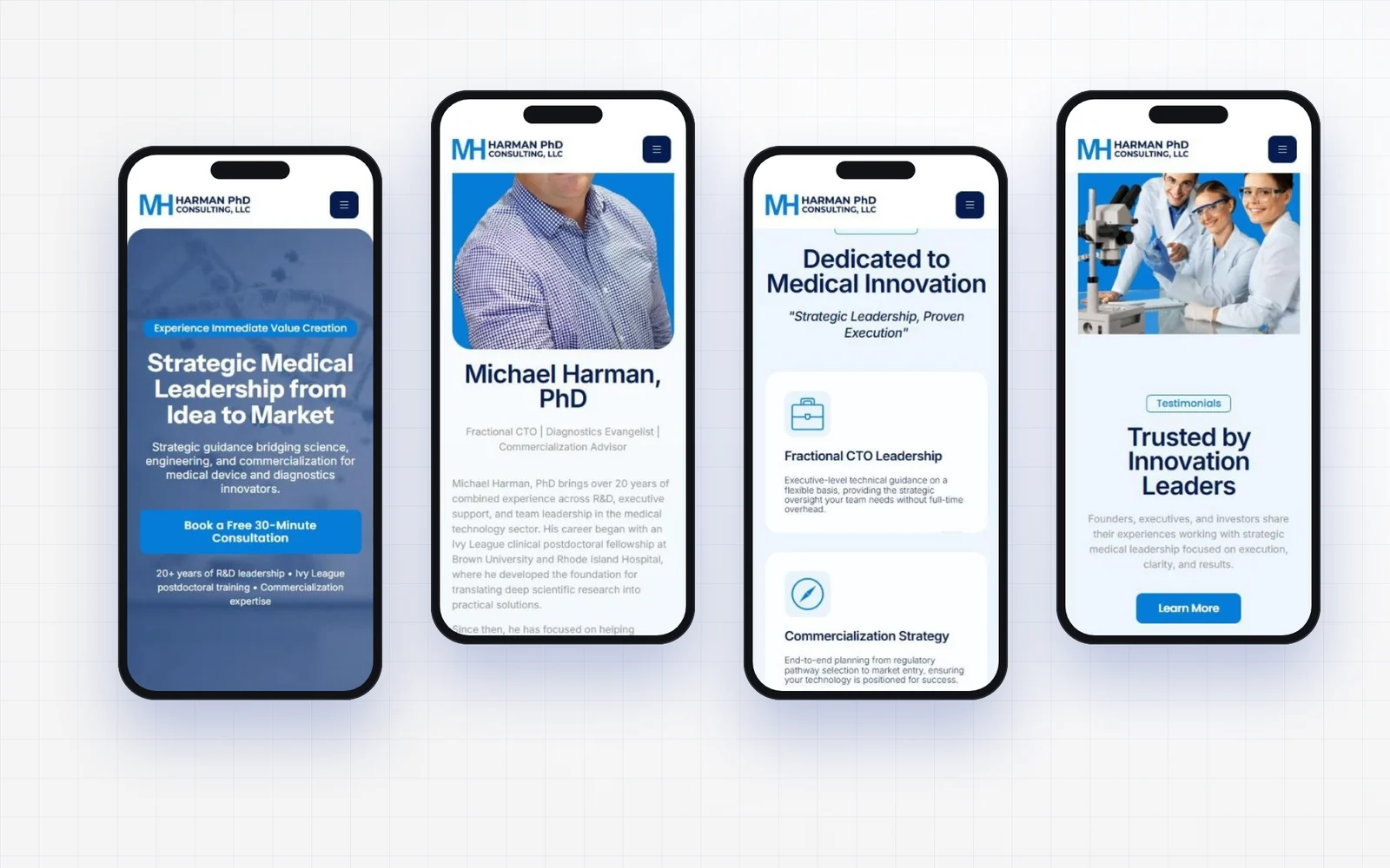 Mobile screens of the MedTech consultant website design for Harman PhD Consulting