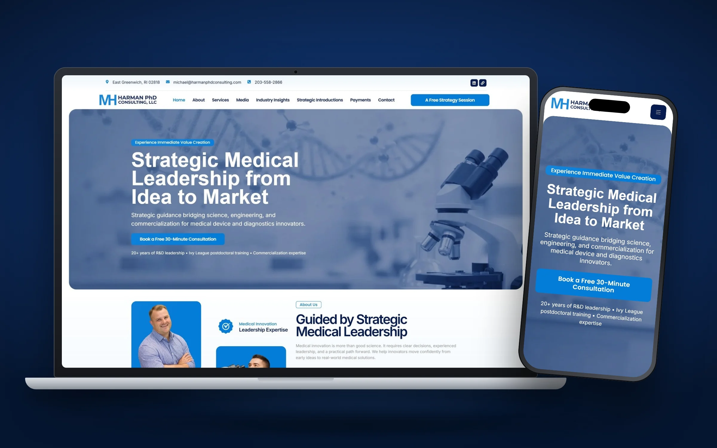 MedTech consultant website design for Harman PhD Consulting on laptop and phone