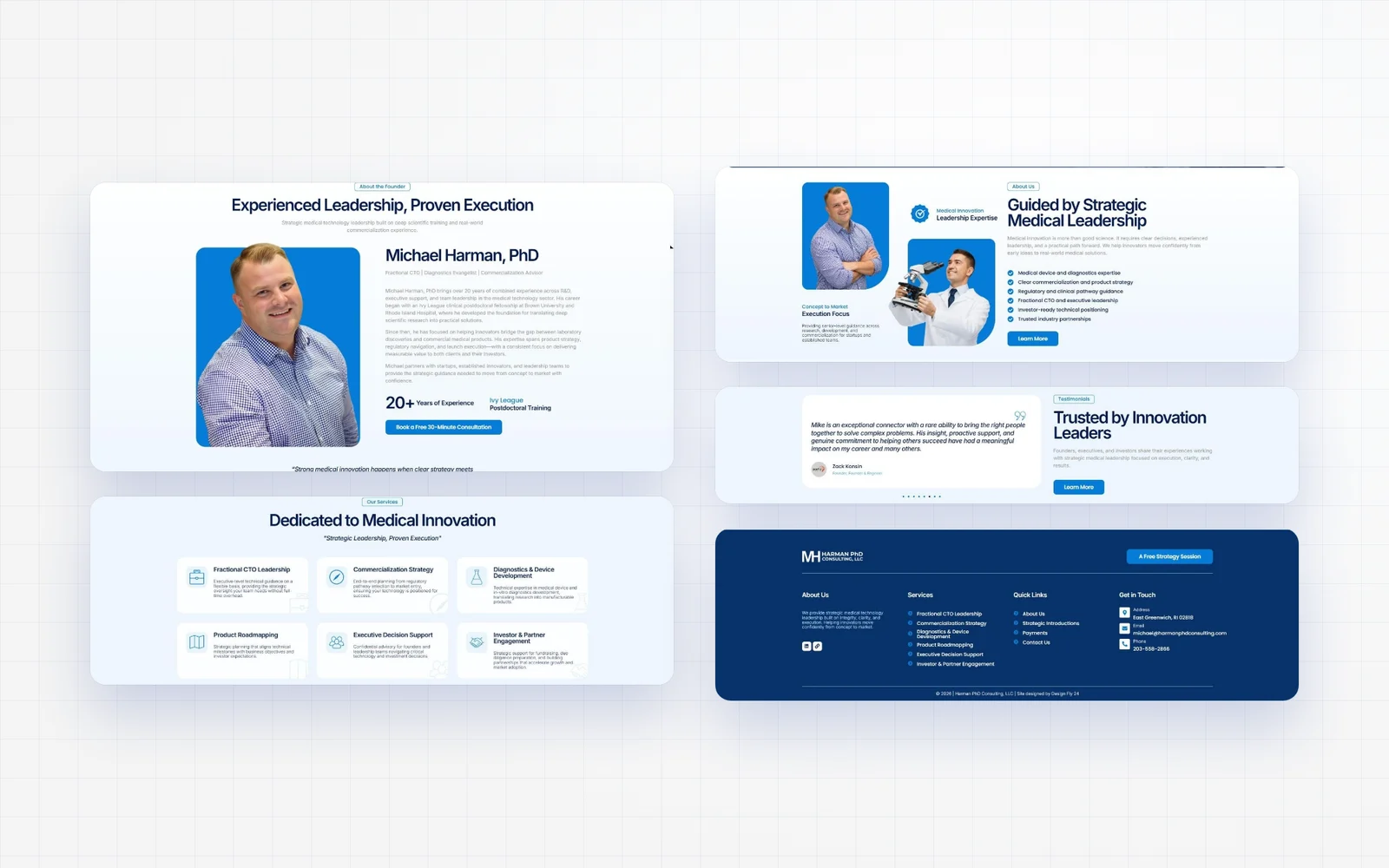 Founder, services, testimonial and footer sections of the MedTech consultant website design