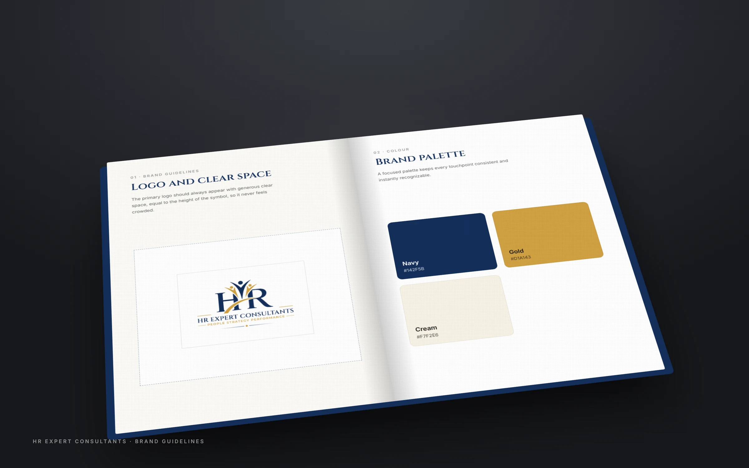Brand guidelines book for HR Expert Consultants showing cover and colour palette