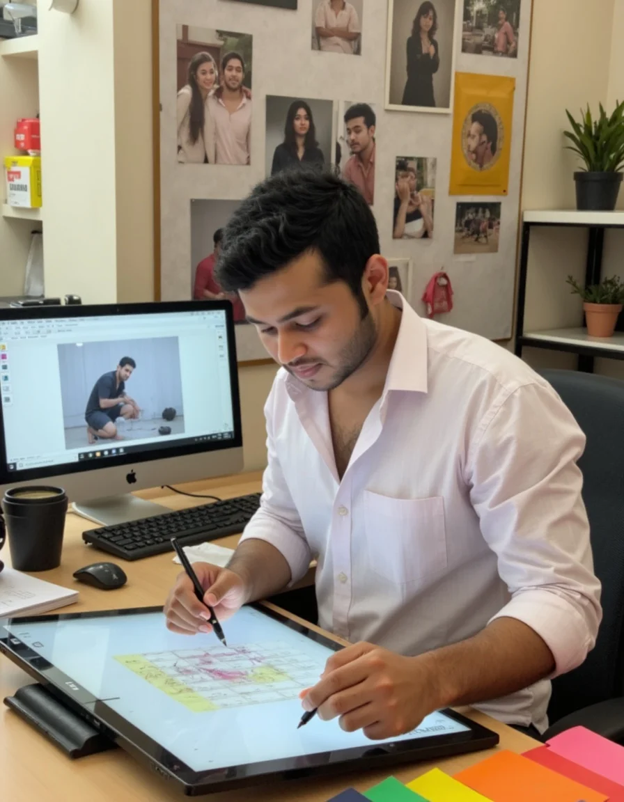 Imtiaz Ahmed creating a brand identity design on a drawing tablet