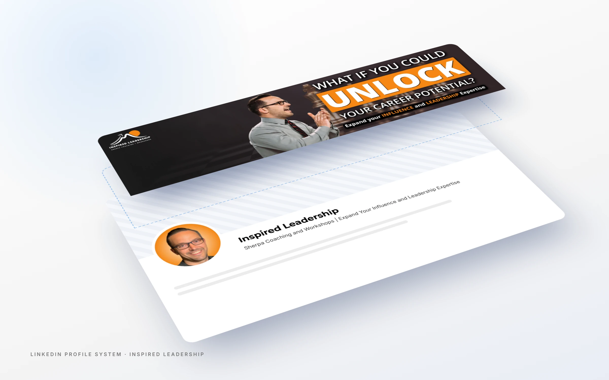 Layered view of the leadership coach LinkedIn profile for Inspired Leadership showing banner, photo and headline