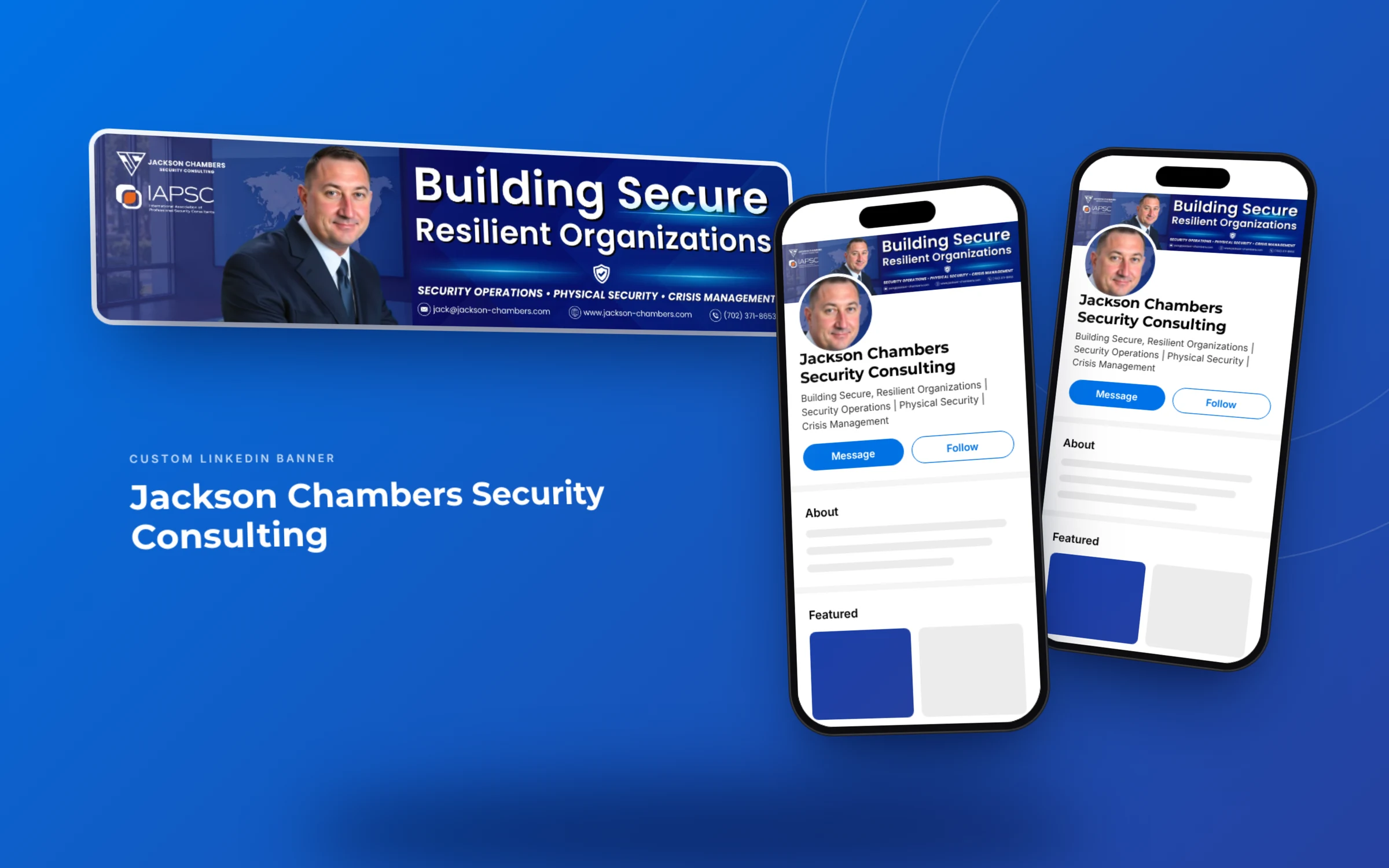 Security consulting LinkedIn banner for Jackson Chambers Security Consulting displayed on mobile phones