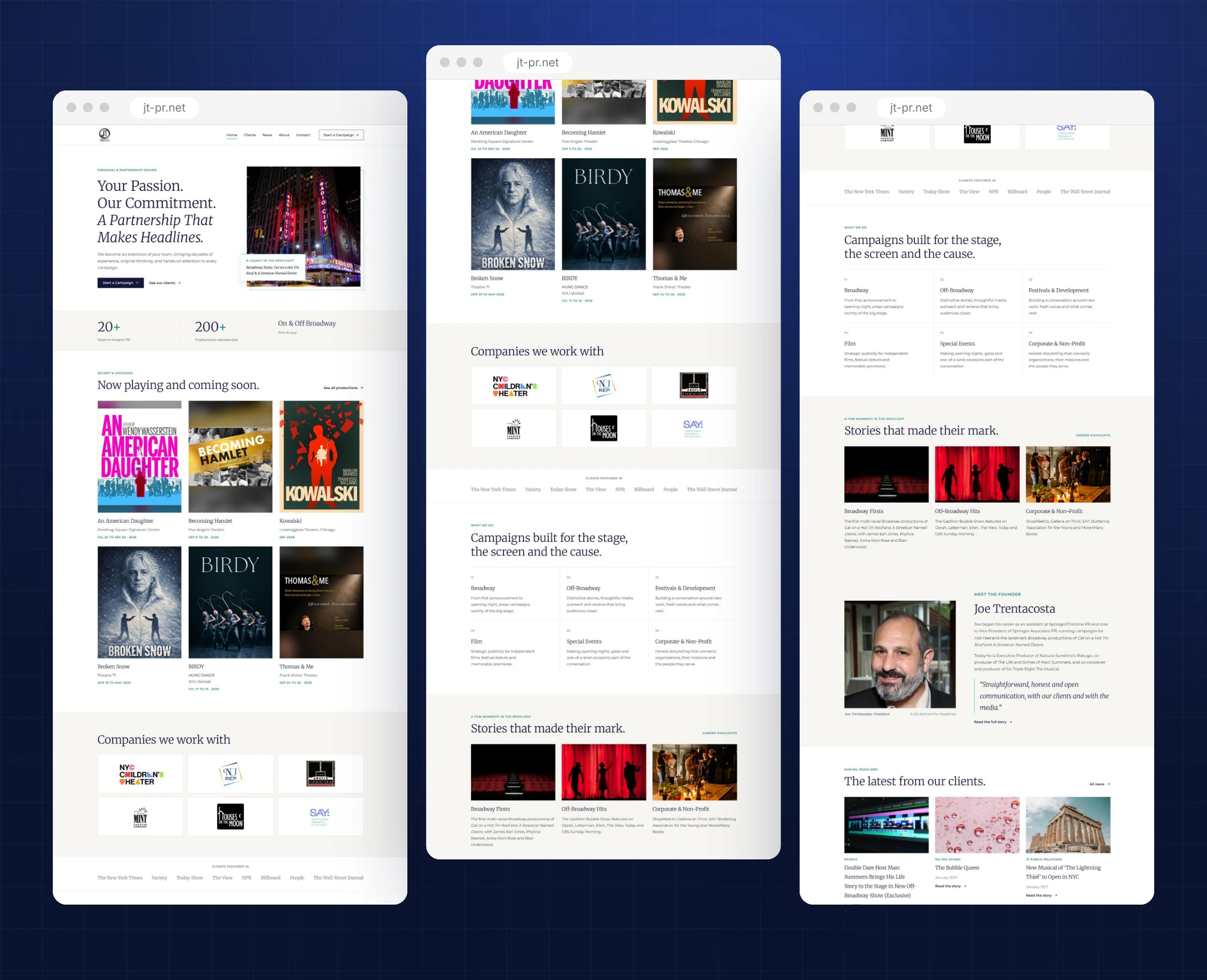 Full public relations website design for JT Public Relations shown in a 3D showcase