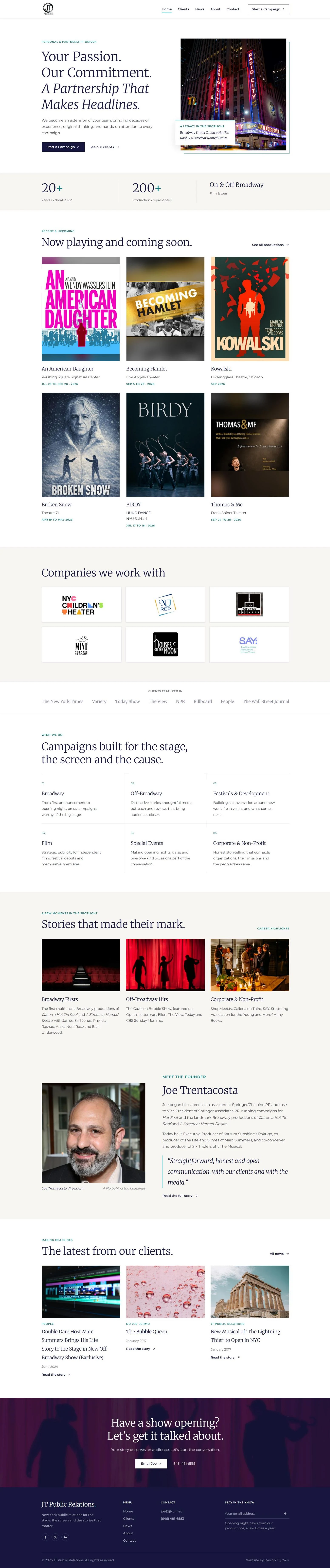 Full homepage of the new JT Public Relations website