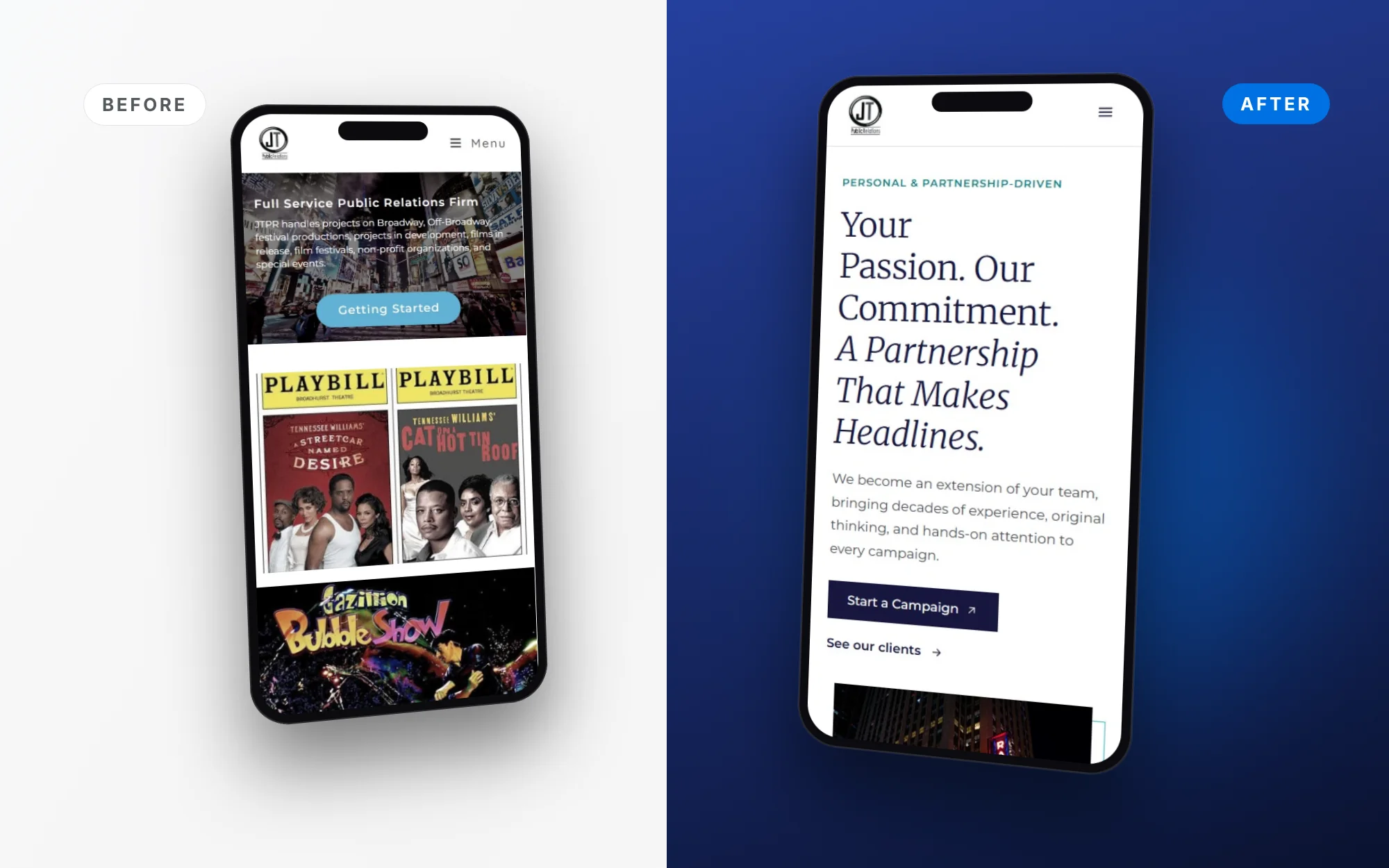 Mobile public relations website design before and after for JT Public Relations