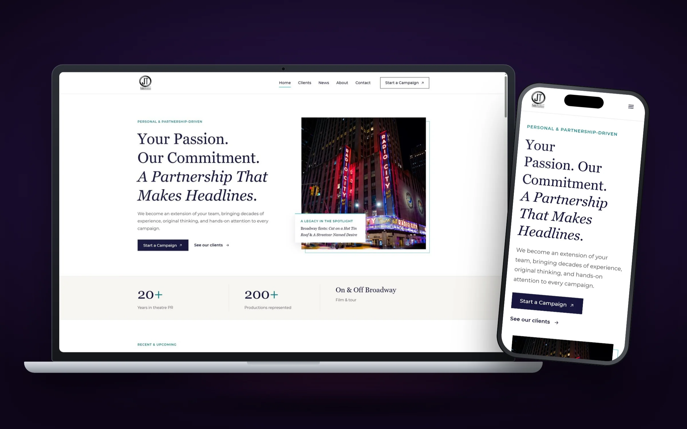 JT Public Relations website design on desktop and mobile