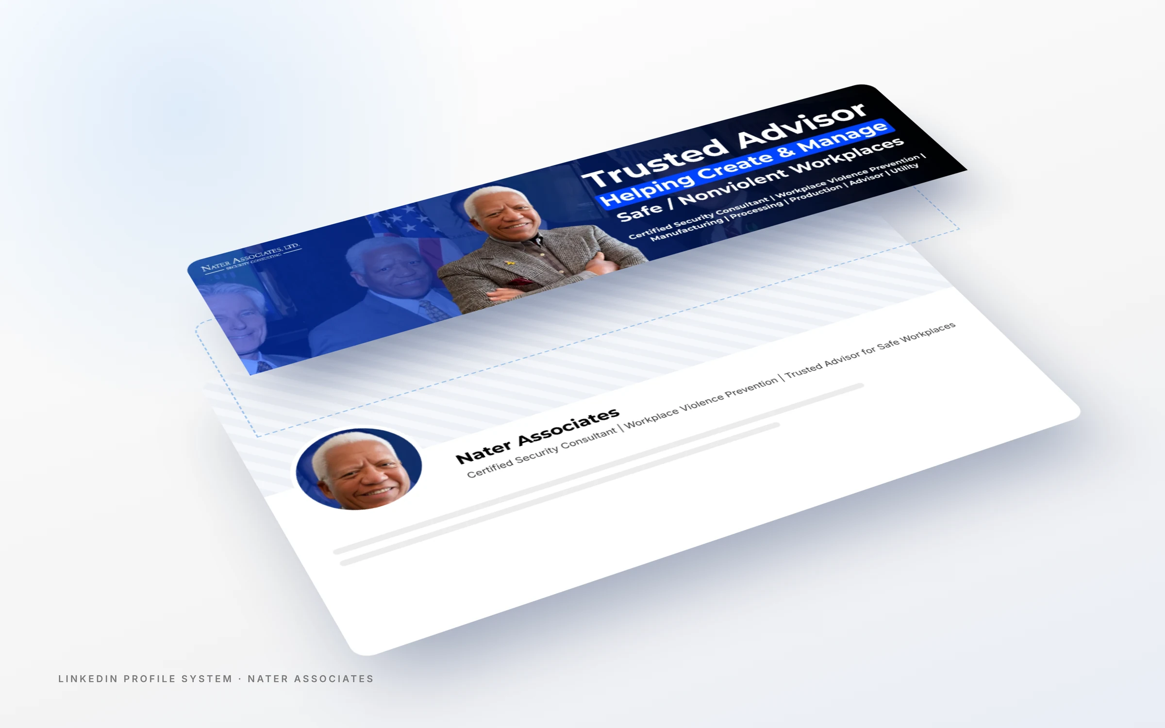 Layered view of the workplace violence consultant LinkedIn for Nater Associates showing banner, photo and headline