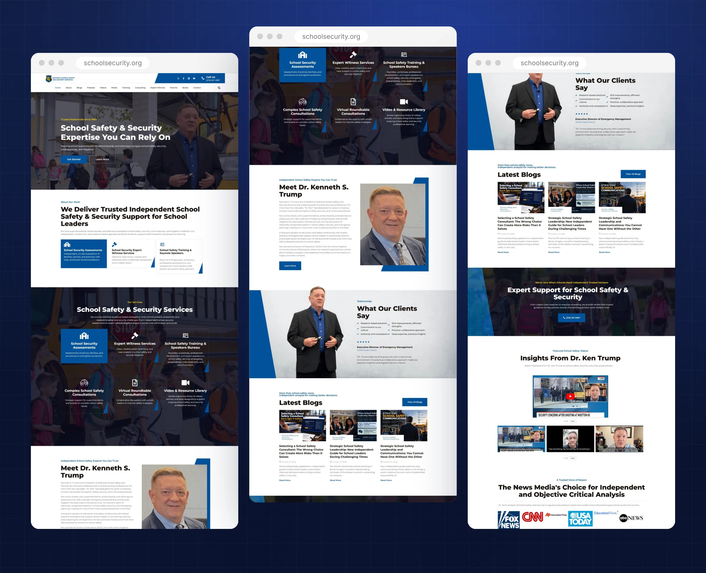 Complete homepage sections of the school safety consultant website for National School Safety and Security Services