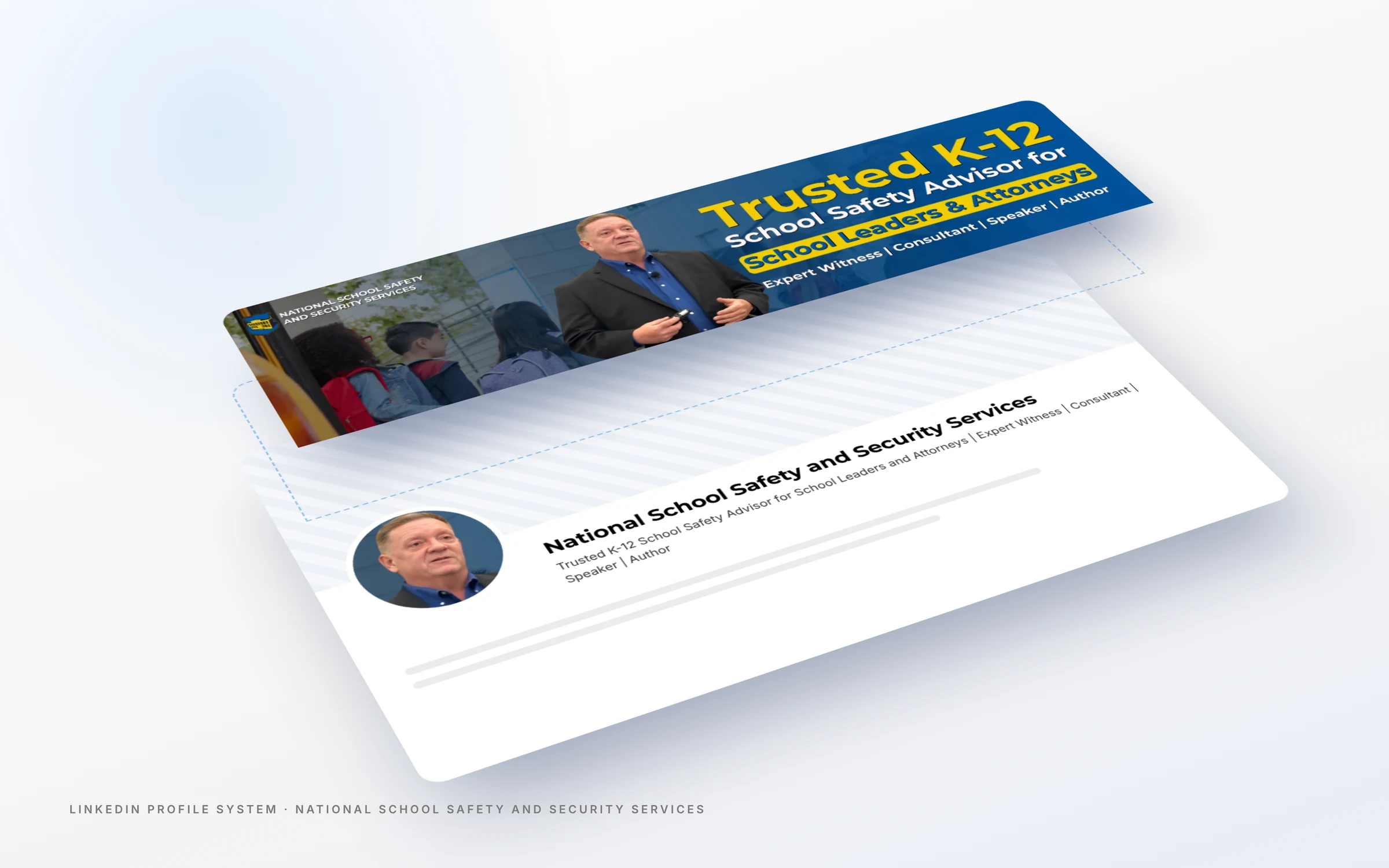 Layered view of the LinkedIn banner design for National School Safety and Security Services showing banner, photo and headline