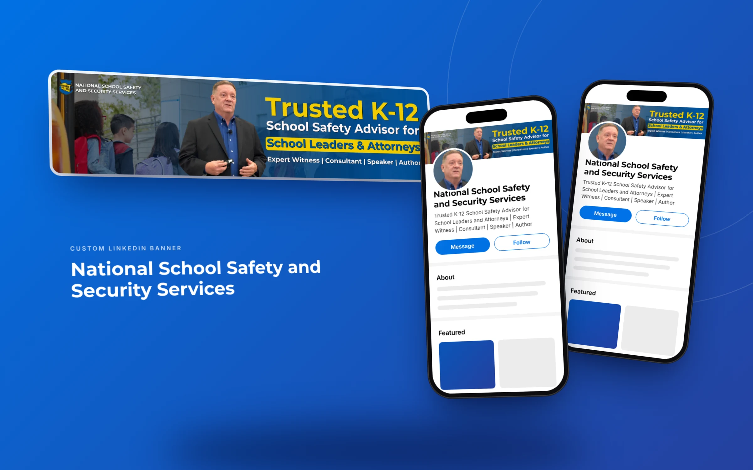LinkedIn banner design for National School Safety and Security Services displayed on mobile phones