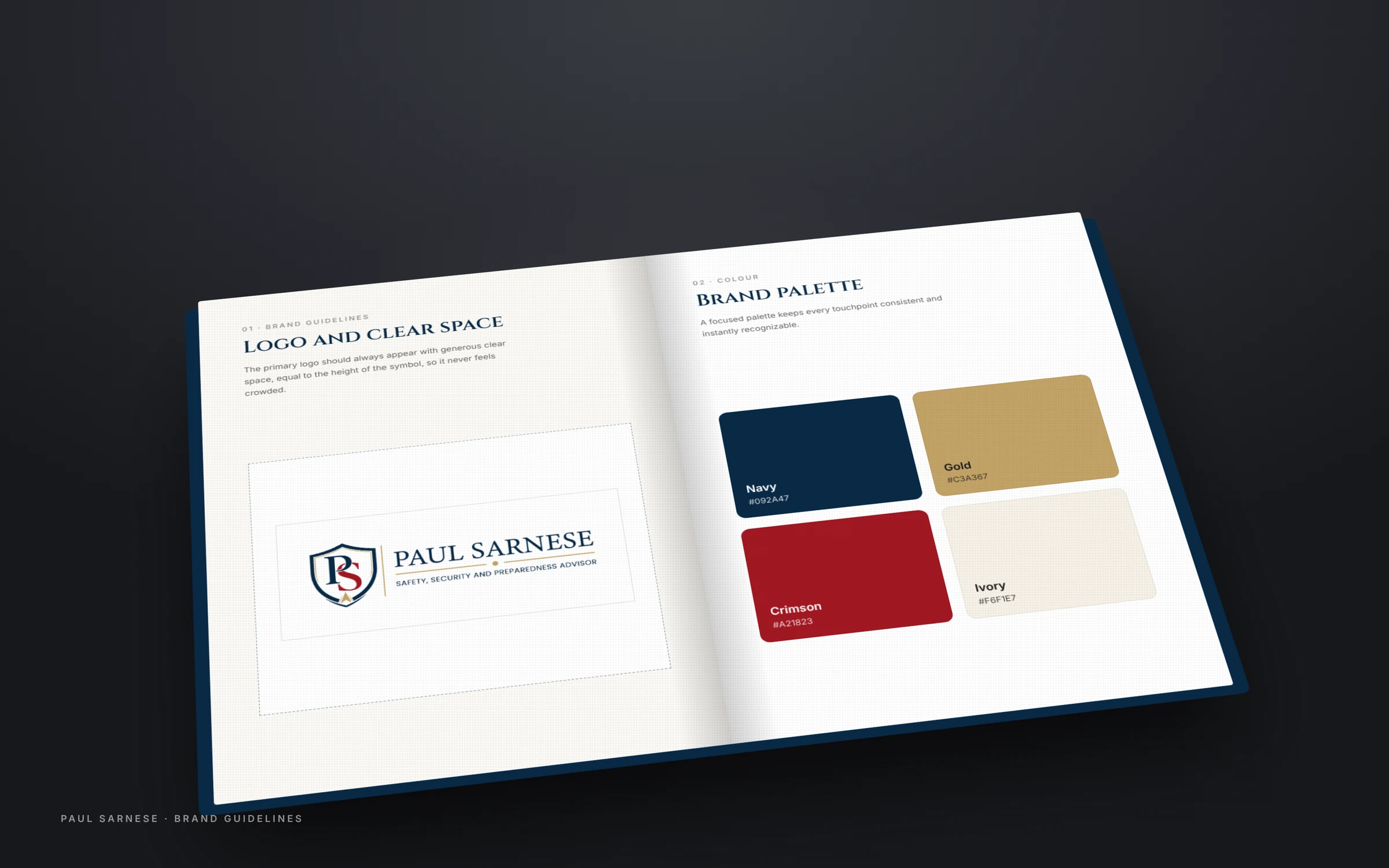 Brand guidelines book for Paul Sarnese showing cover and colour palette