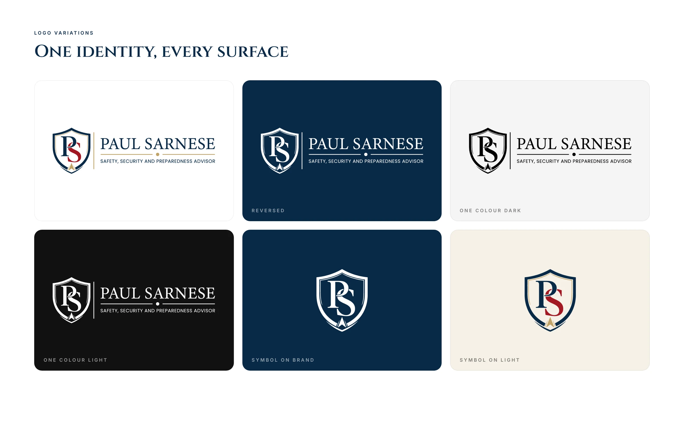 Paul Sarnese logo symbol on light, dark and accent backgrounds
