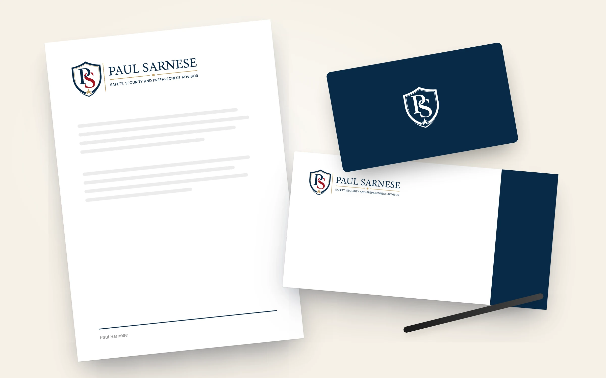 Stationery set for Paul Sarnese with letterhead, envelope and business cards