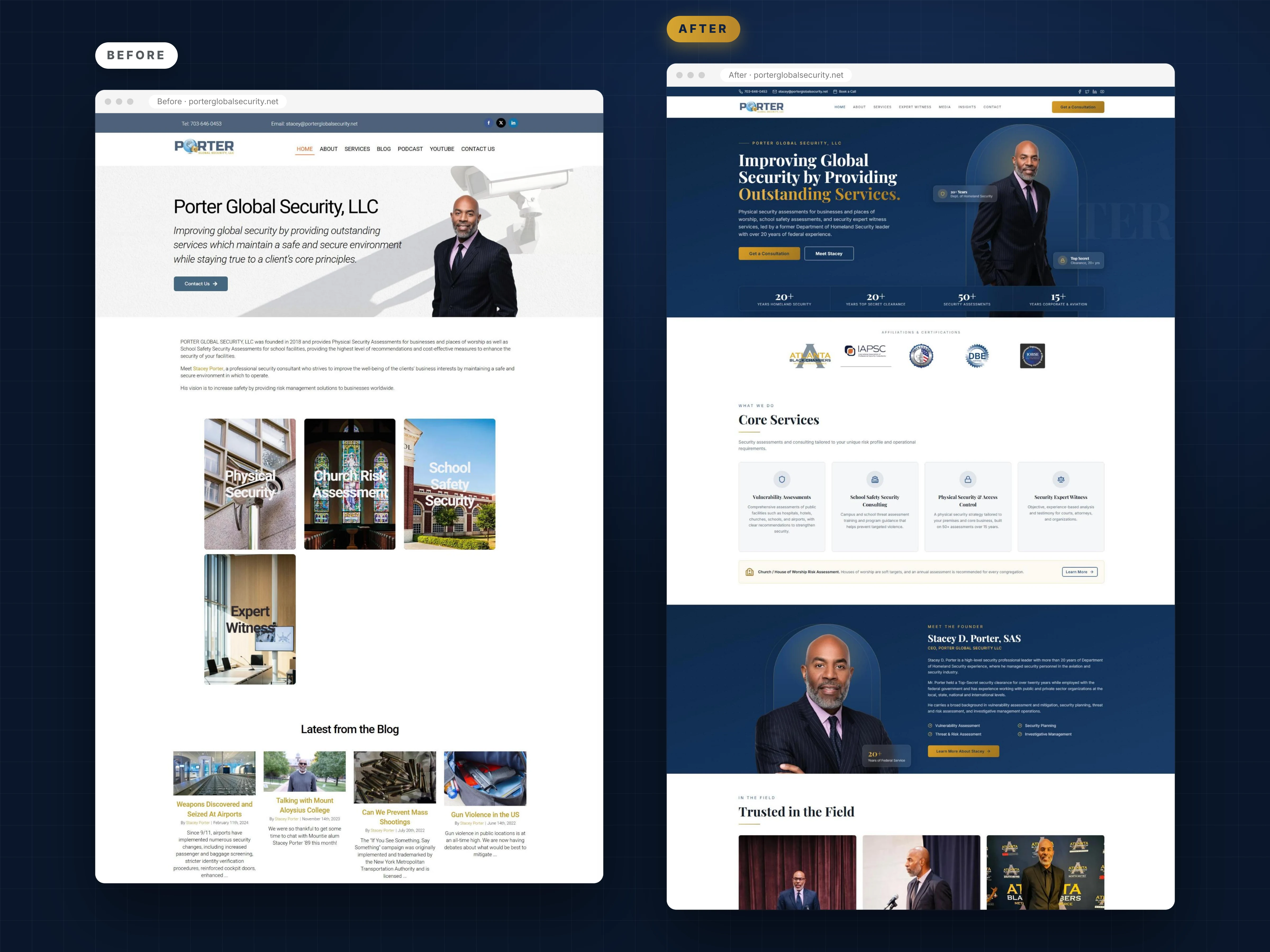 Full homepage comparison for the security consultant website redesign