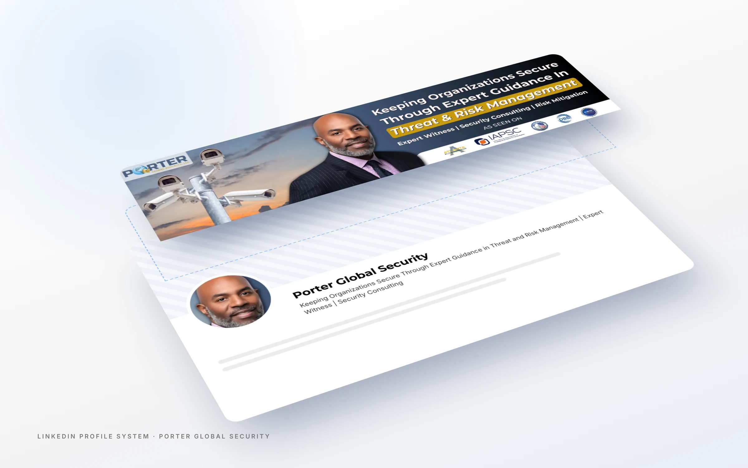 Layered view of the security consultant LinkedIn profile for Porter Global Security showing banner, photo and headline