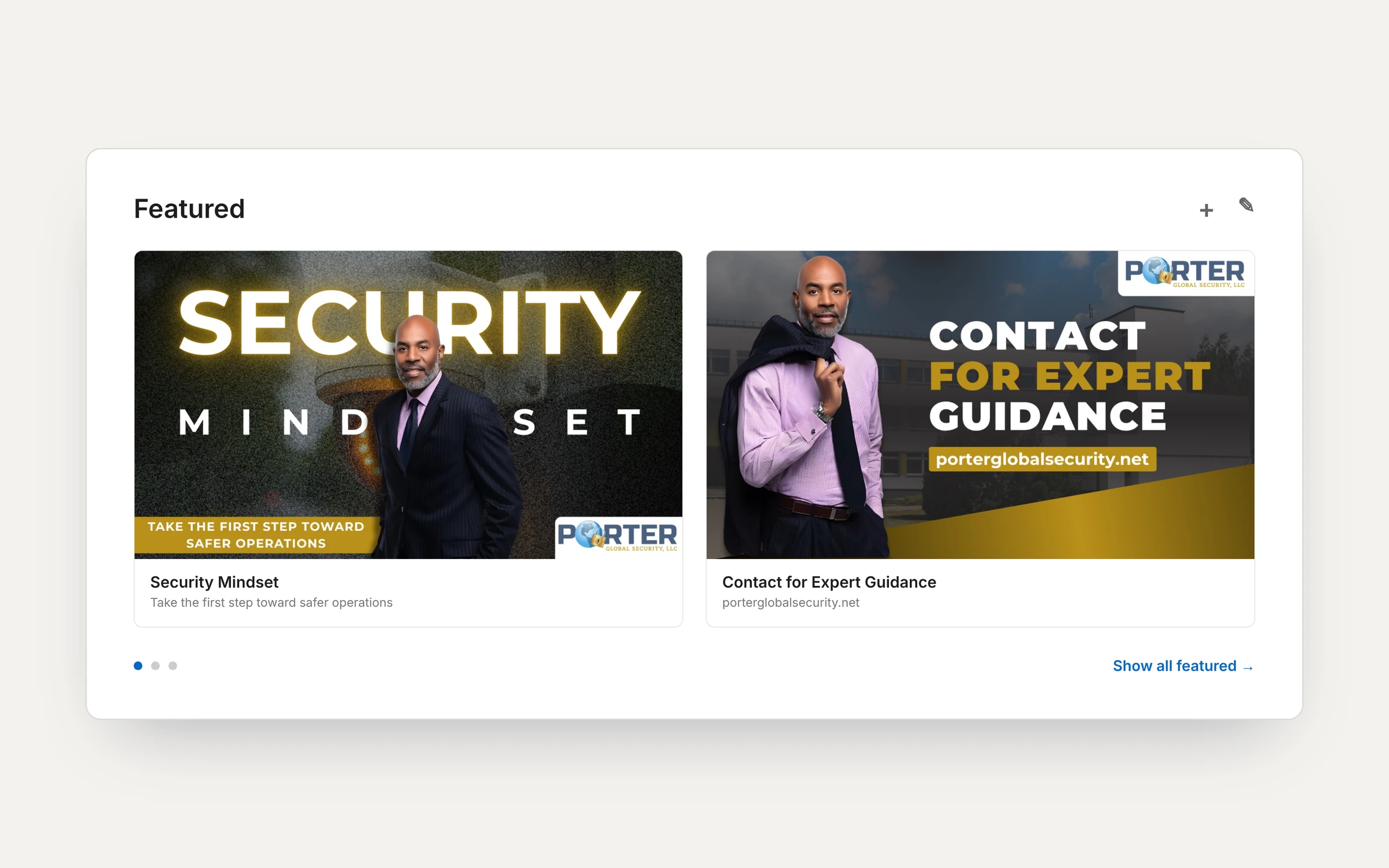 LinkedIn featured section for Porter Global Security with three custom designs