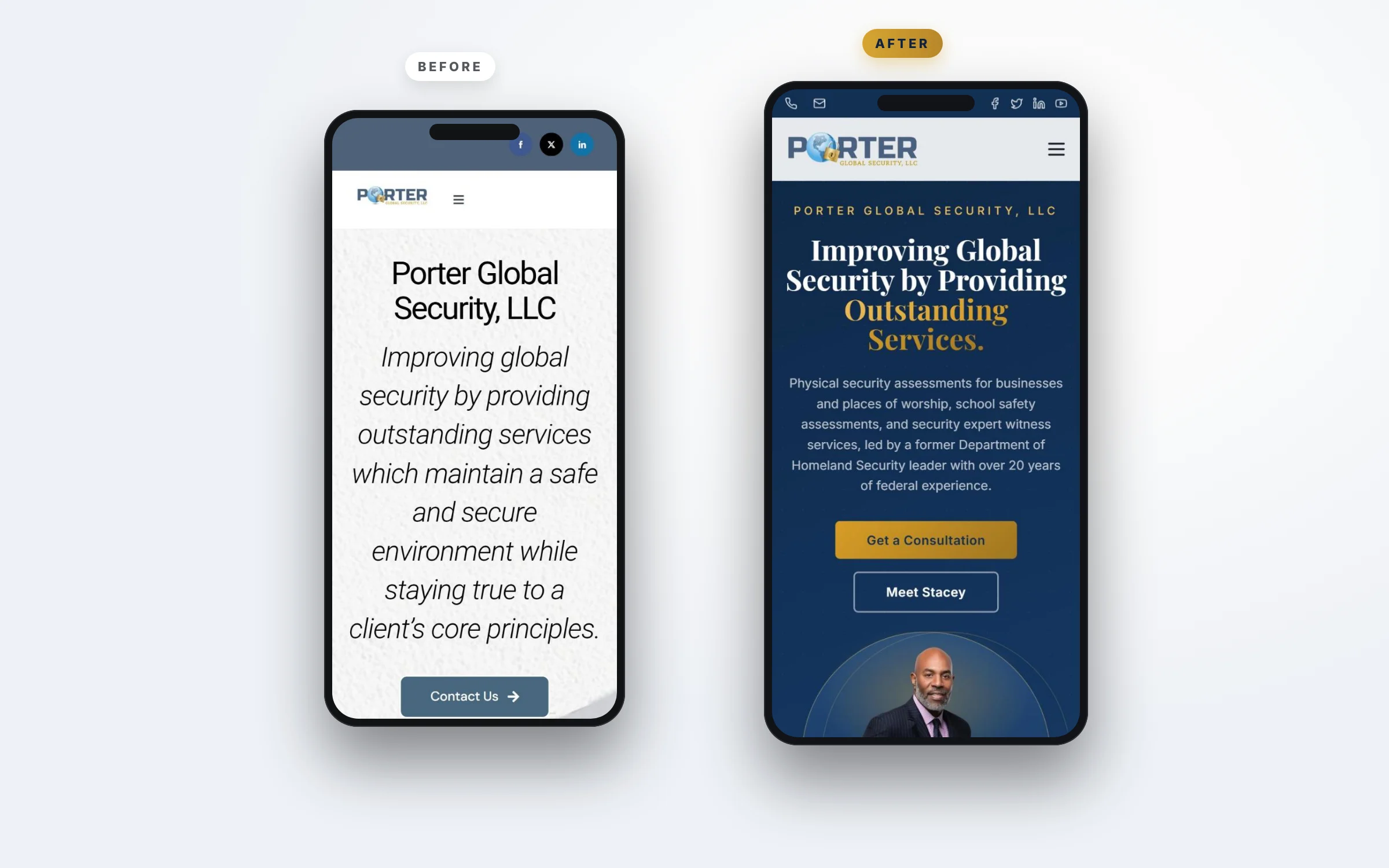 Mobile before and after of the security consultant website redesign