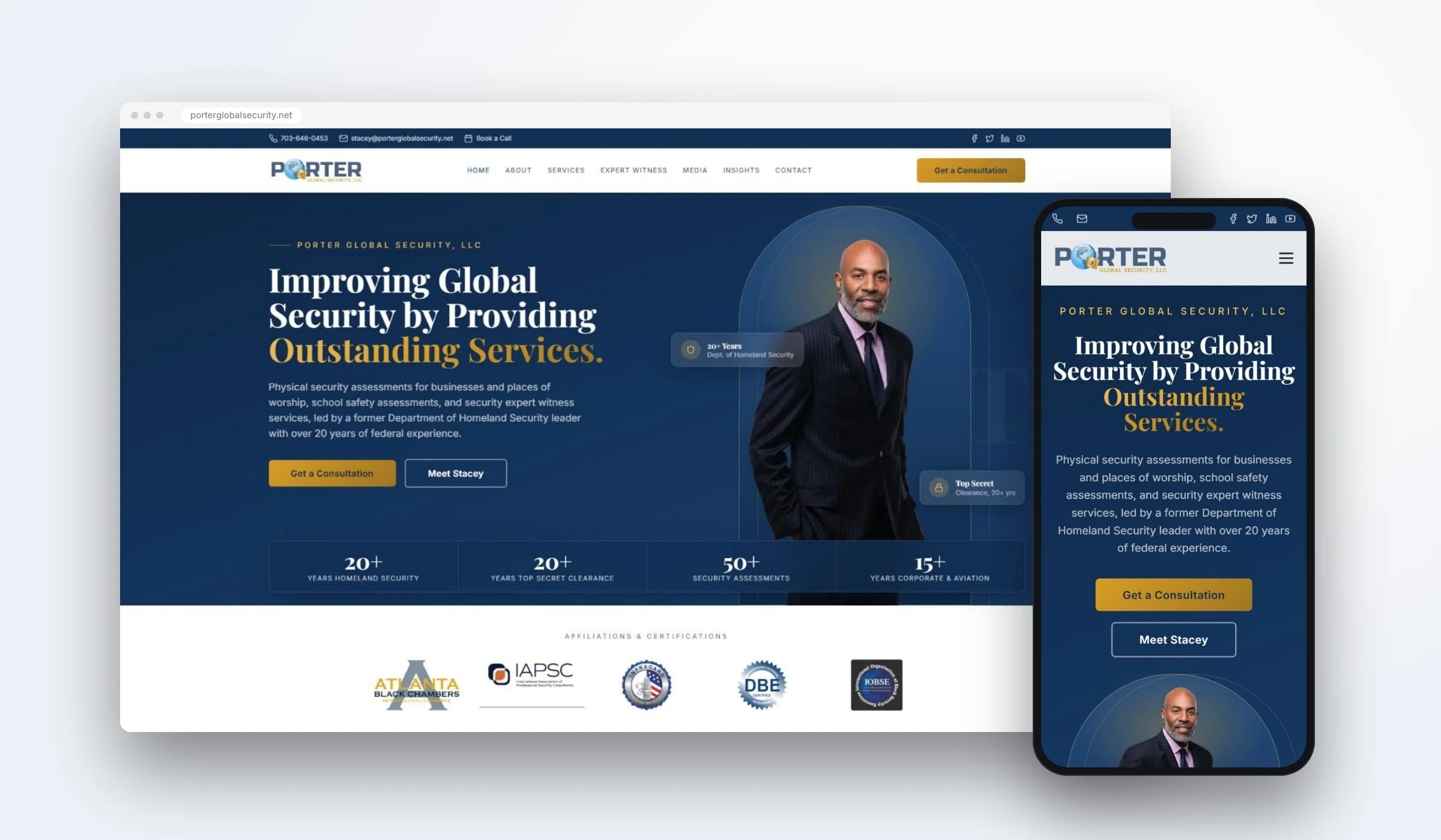 New Porter Global Security website on desktop and phone after the security consultant website redesign
