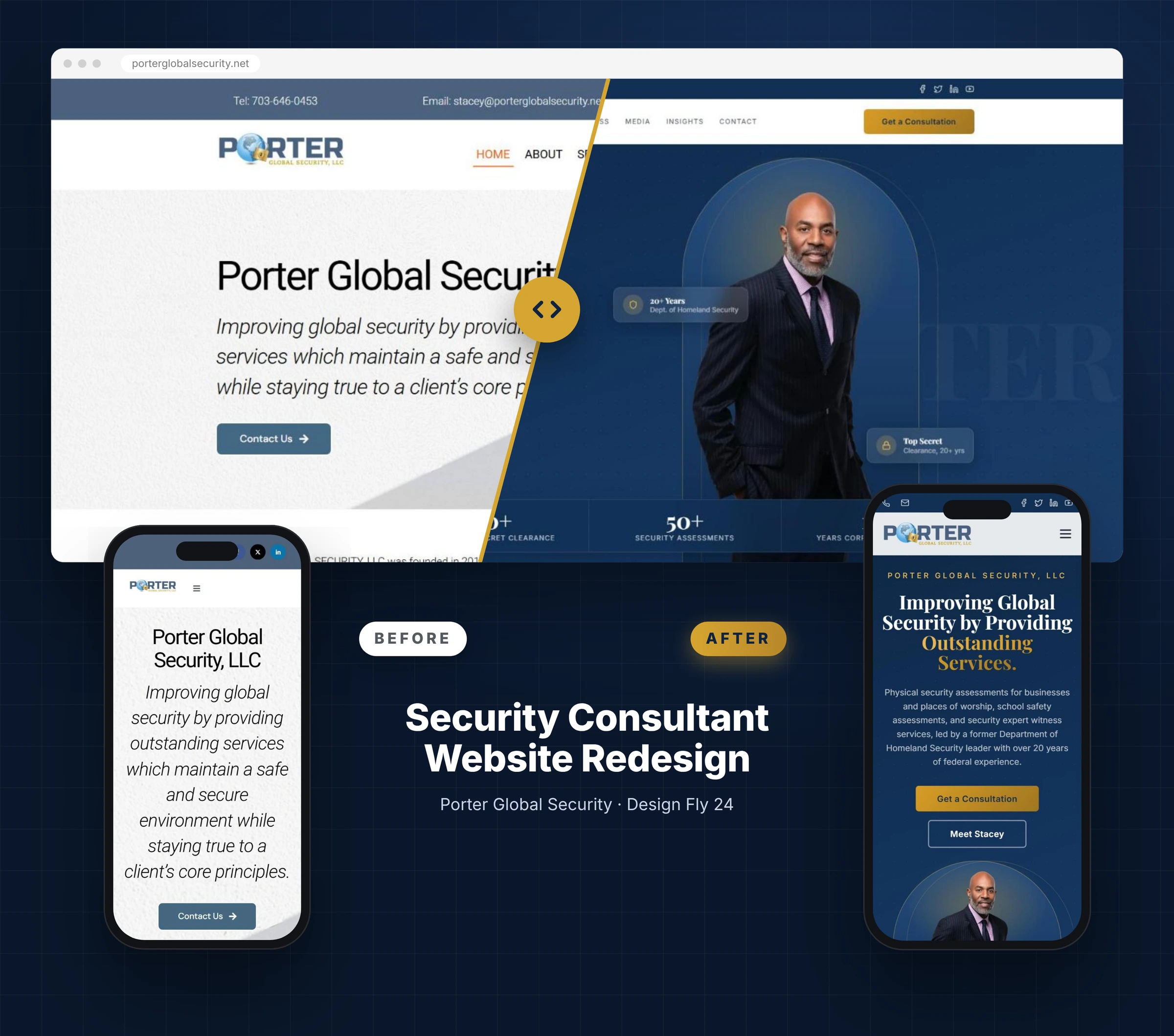 Security consultant website redesign before and after for Porter Global Security