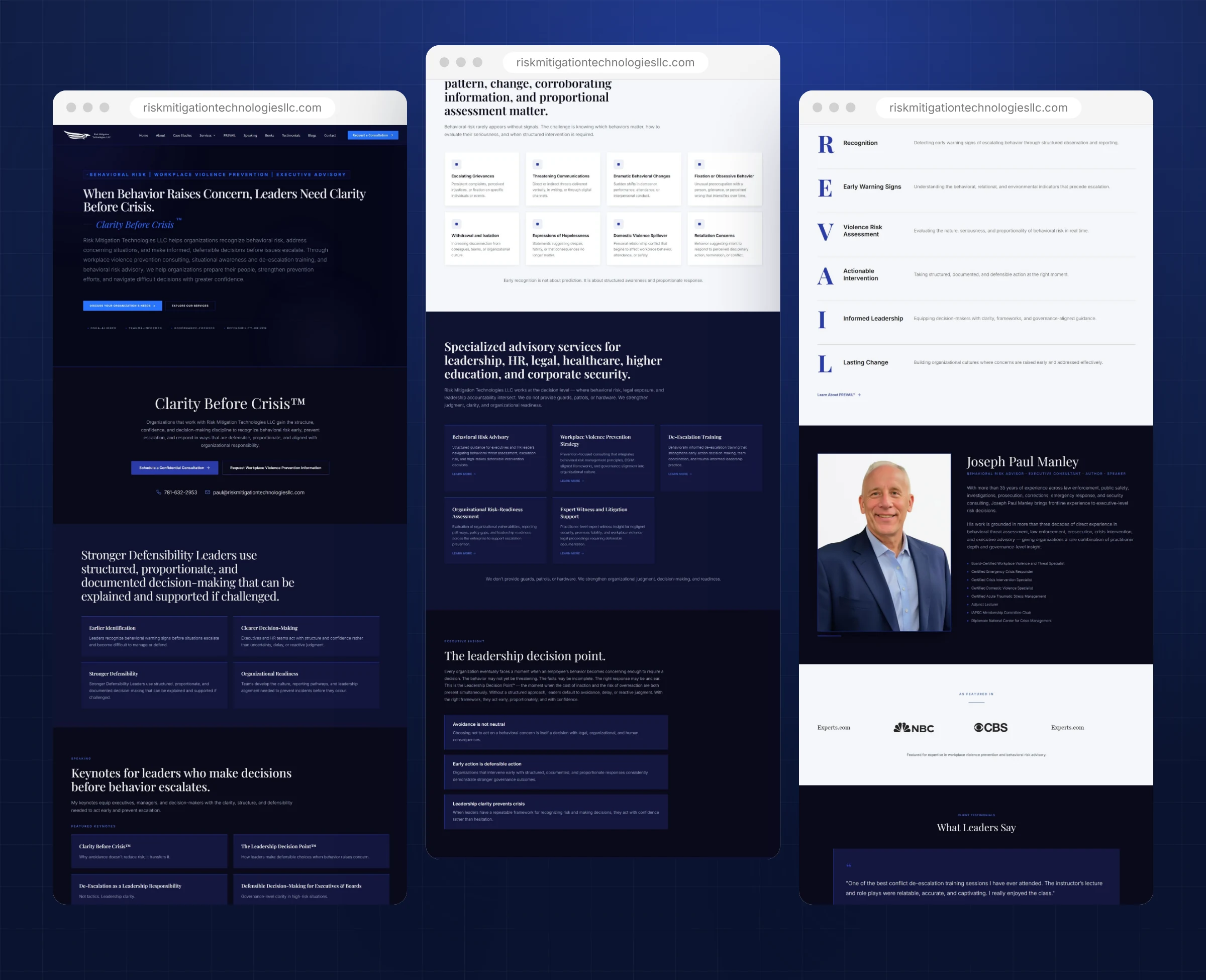 Complete homepage sections of the threat assessment website design for Risk Mitigation Technologies