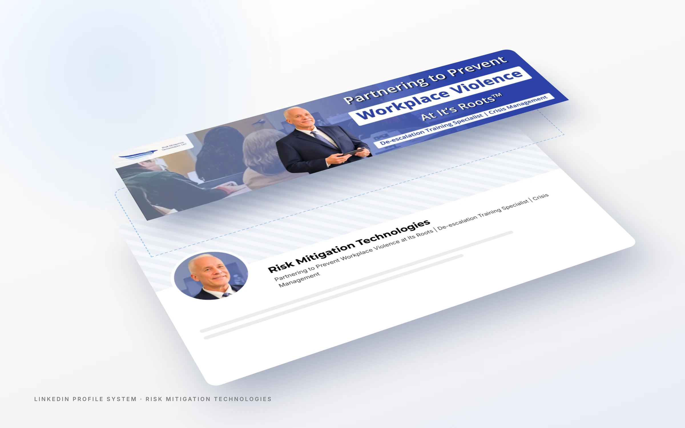 Layered view of the LinkedIn branding for consultants for Risk Mitigation Technologies showing banner, photo and headline