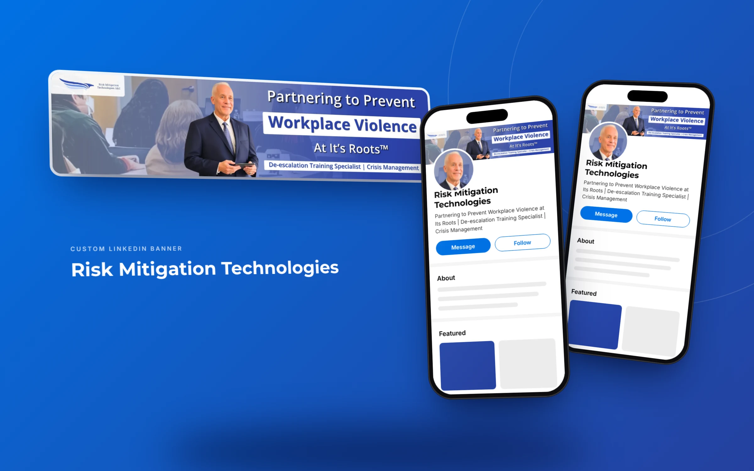 LinkedIn branding for consultants for Risk Mitigation Technologies displayed on mobile phones