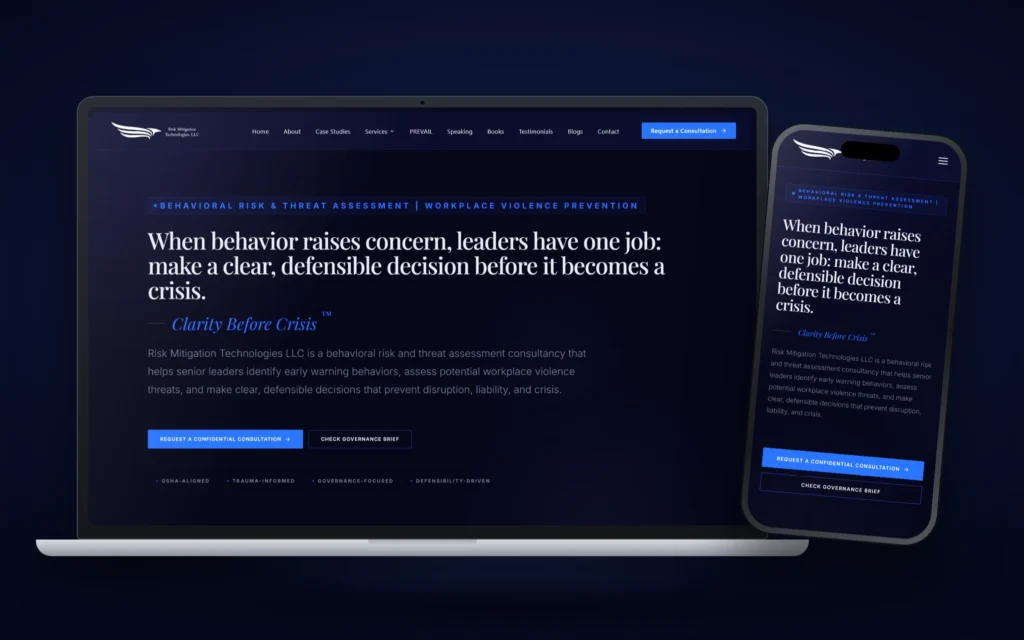 Risk Mitigation Technologies website design by Design Fly 24, shown on laptop and phone