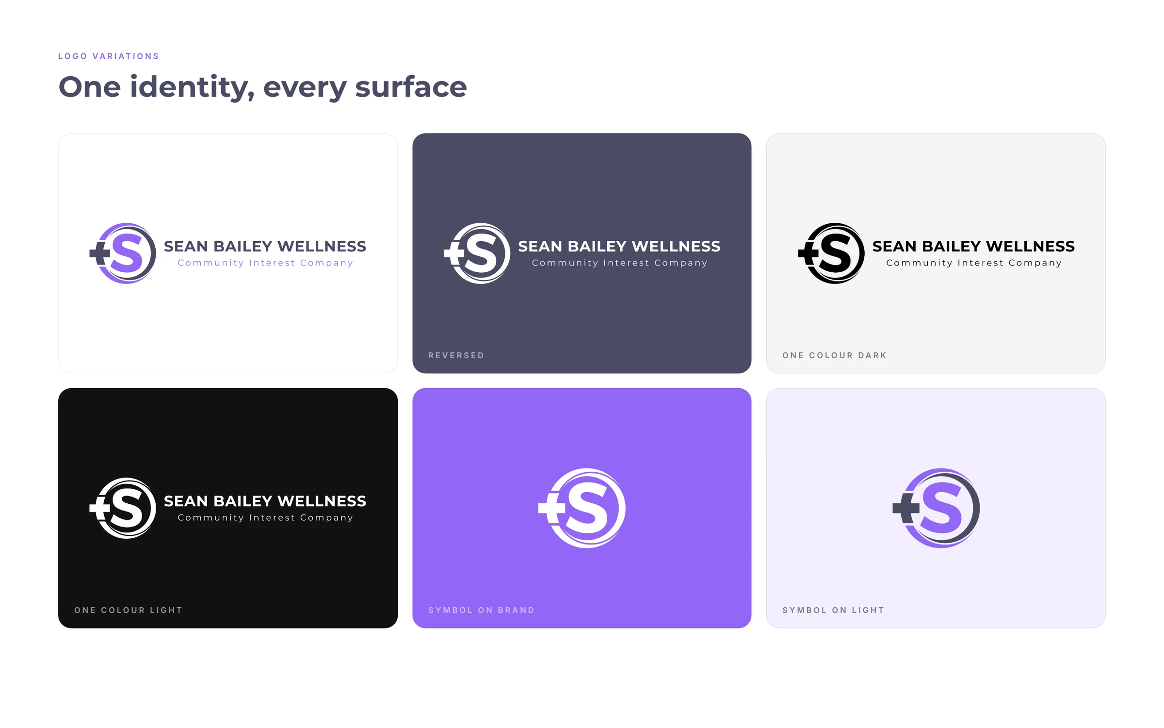Sean Bailey Wellness logo symbol on light, dark and accent backgrounds
