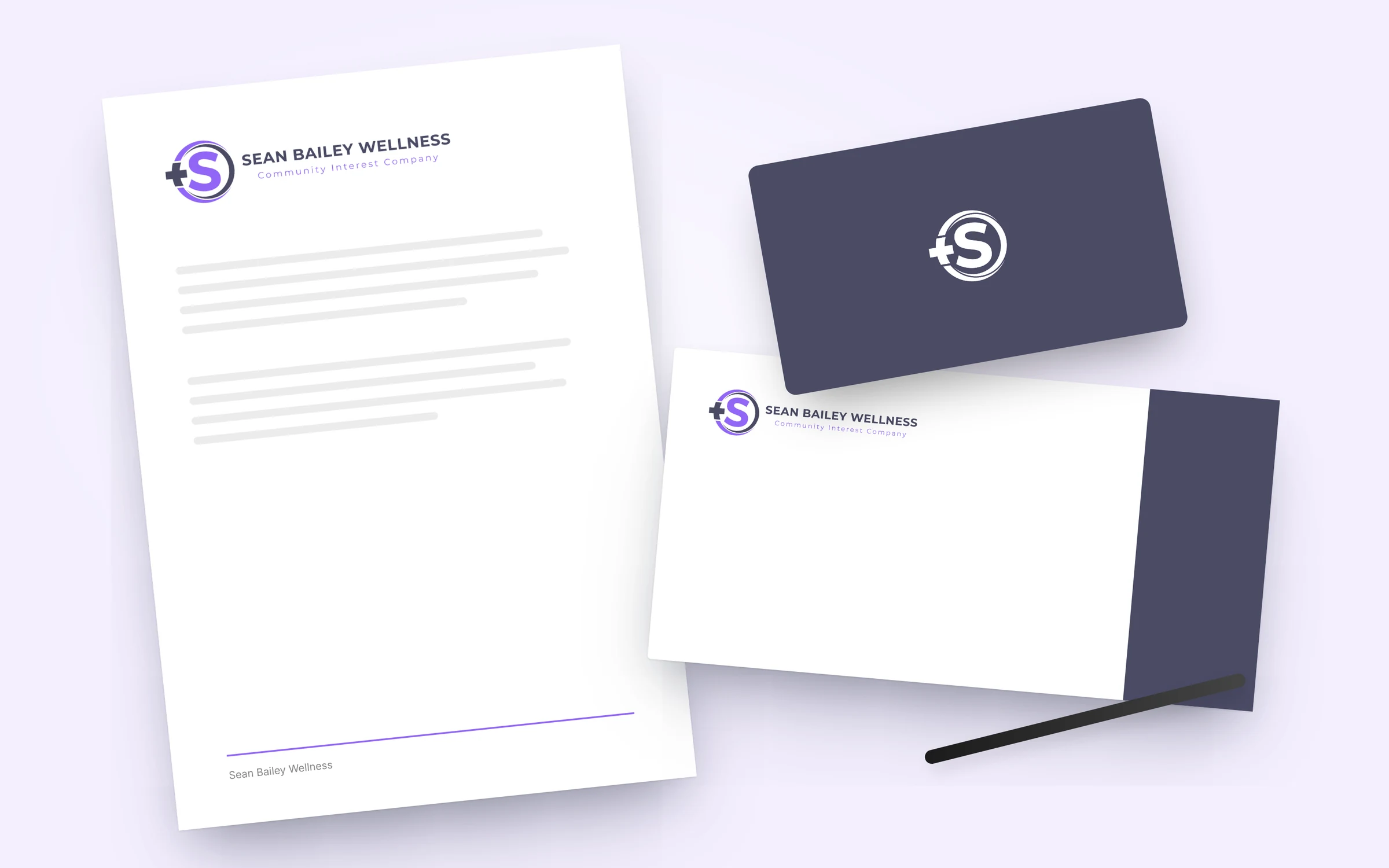 Stationery set for Sean Bailey Wellness with letterhead, envelope and business cards