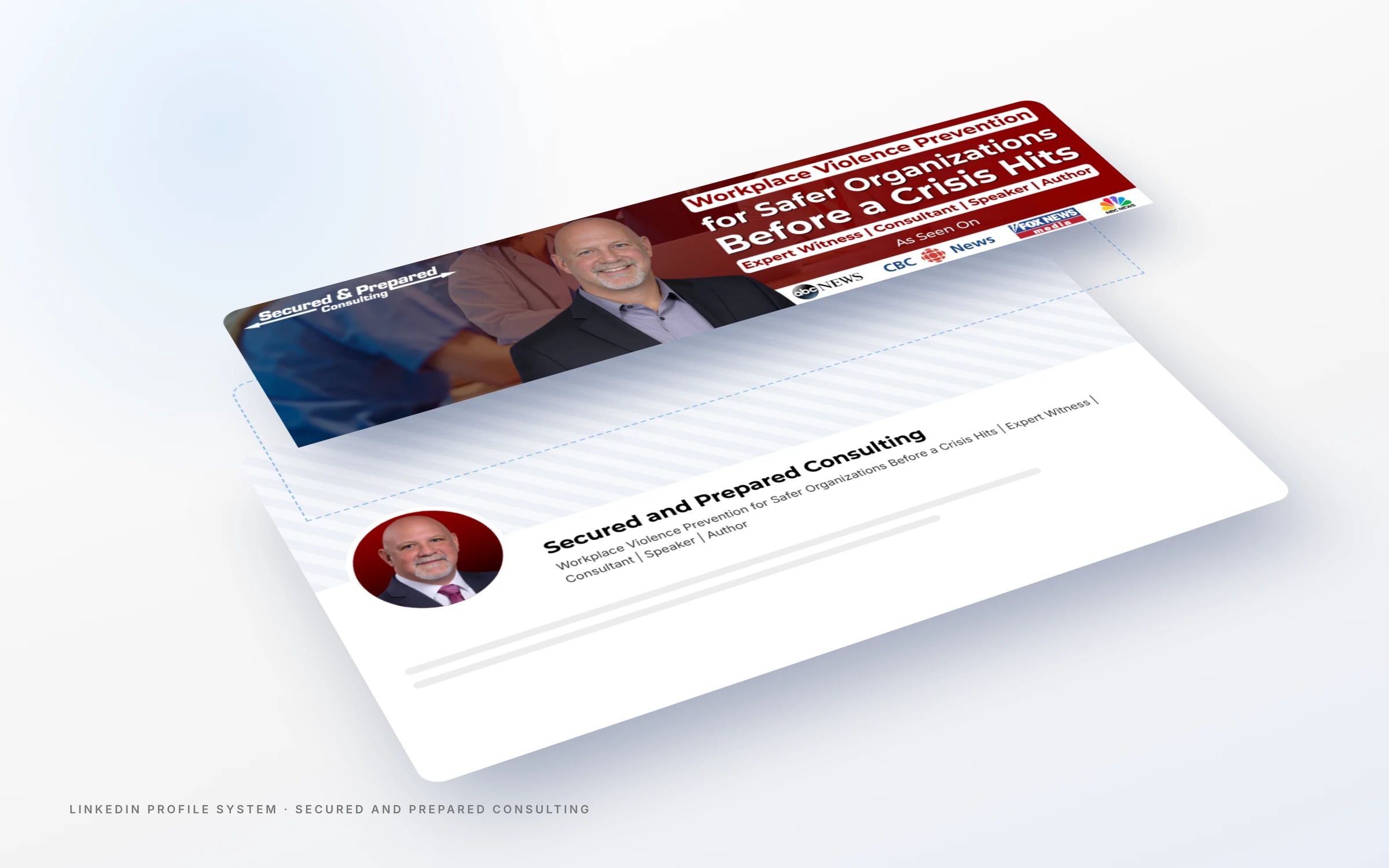 Layered view of the expert witness LinkedIn branding for Secured and Prepared Consulting showing banner, photo and headline