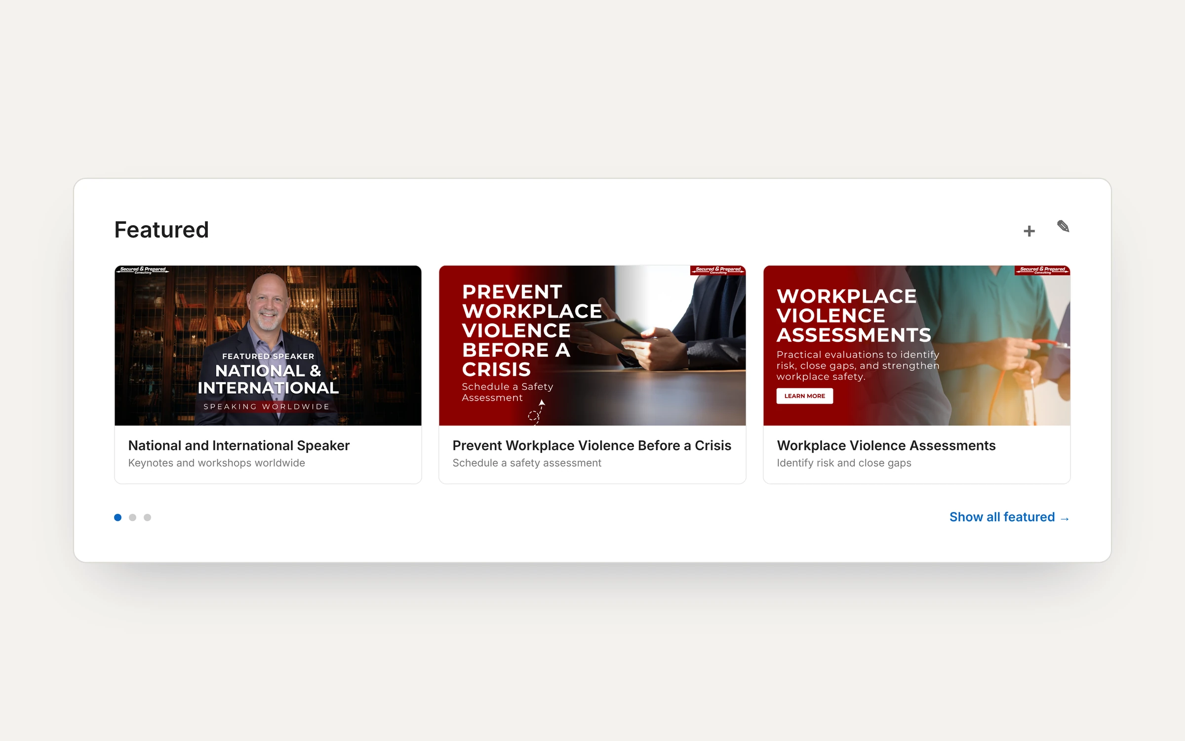 LinkedIn featured section for Secured and Prepared Consulting with three custom designs