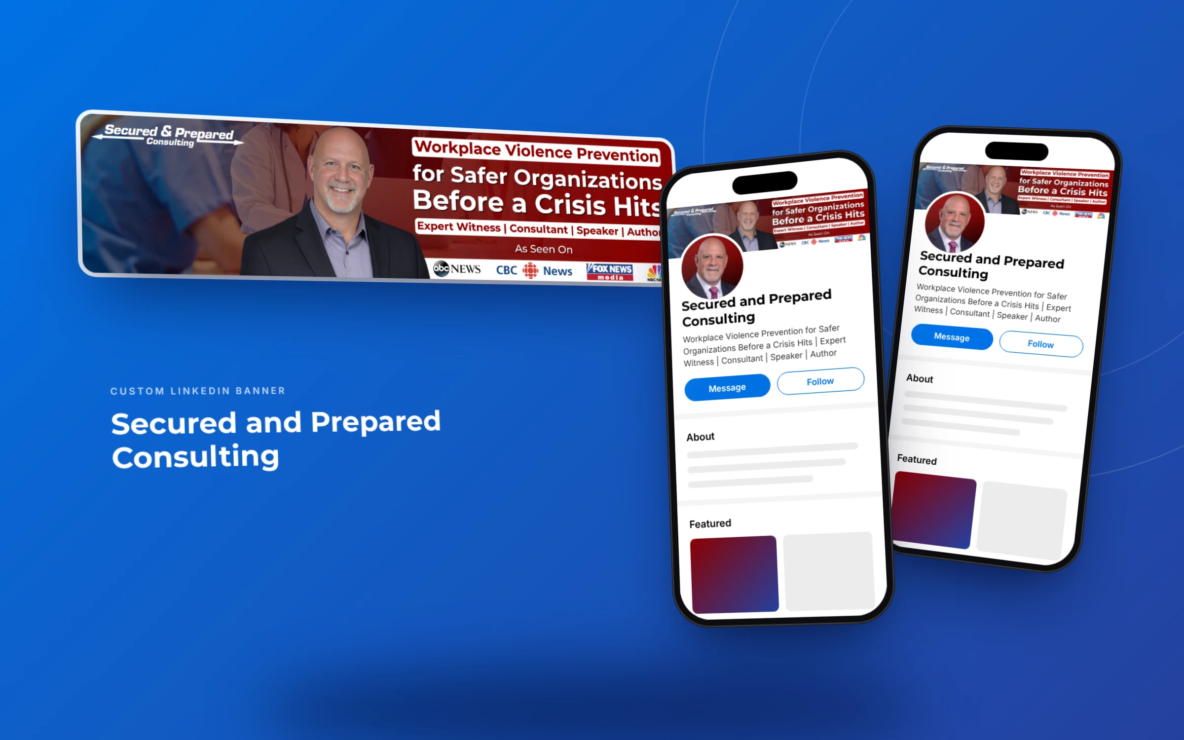 Expert witness LinkedIn branding for Secured and Prepared Consulting displayed on mobile phones