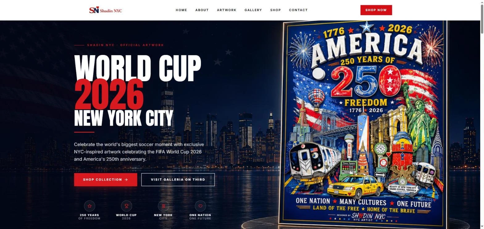 Shadin NYC artist website design for World Cup 2026 artwork