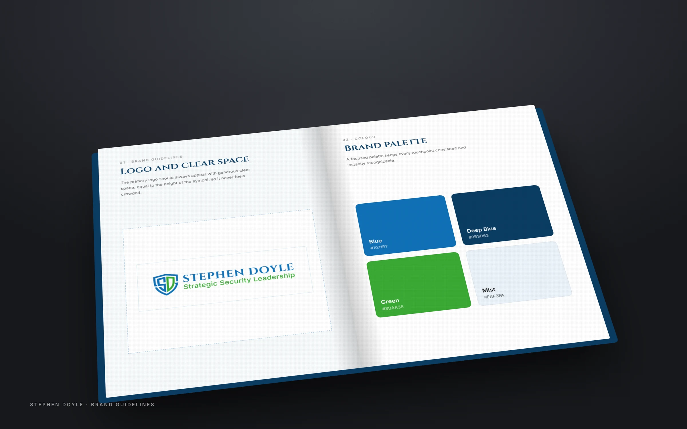 Brand guidelines book for Stephen Doyle showing cover and colour palette