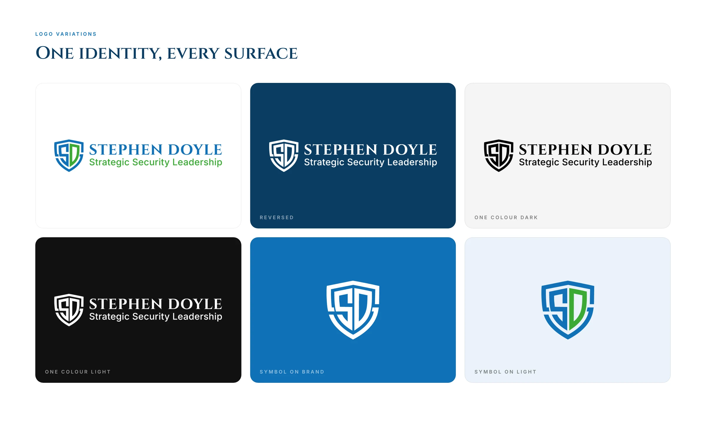 Stephen Doyle logo symbol on light, dark and accent backgrounds